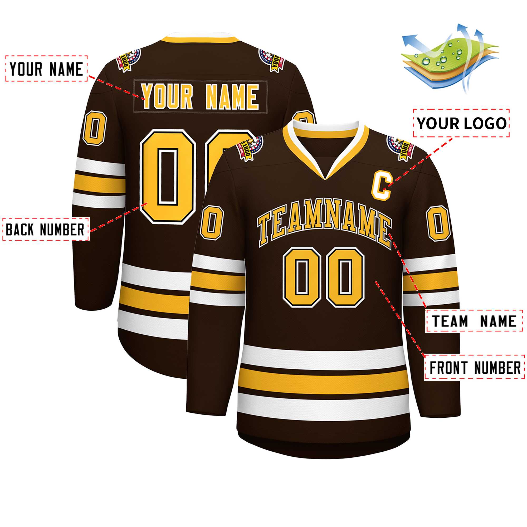 Maillot de hockey de style classique personnalisé marron or noir-blanc