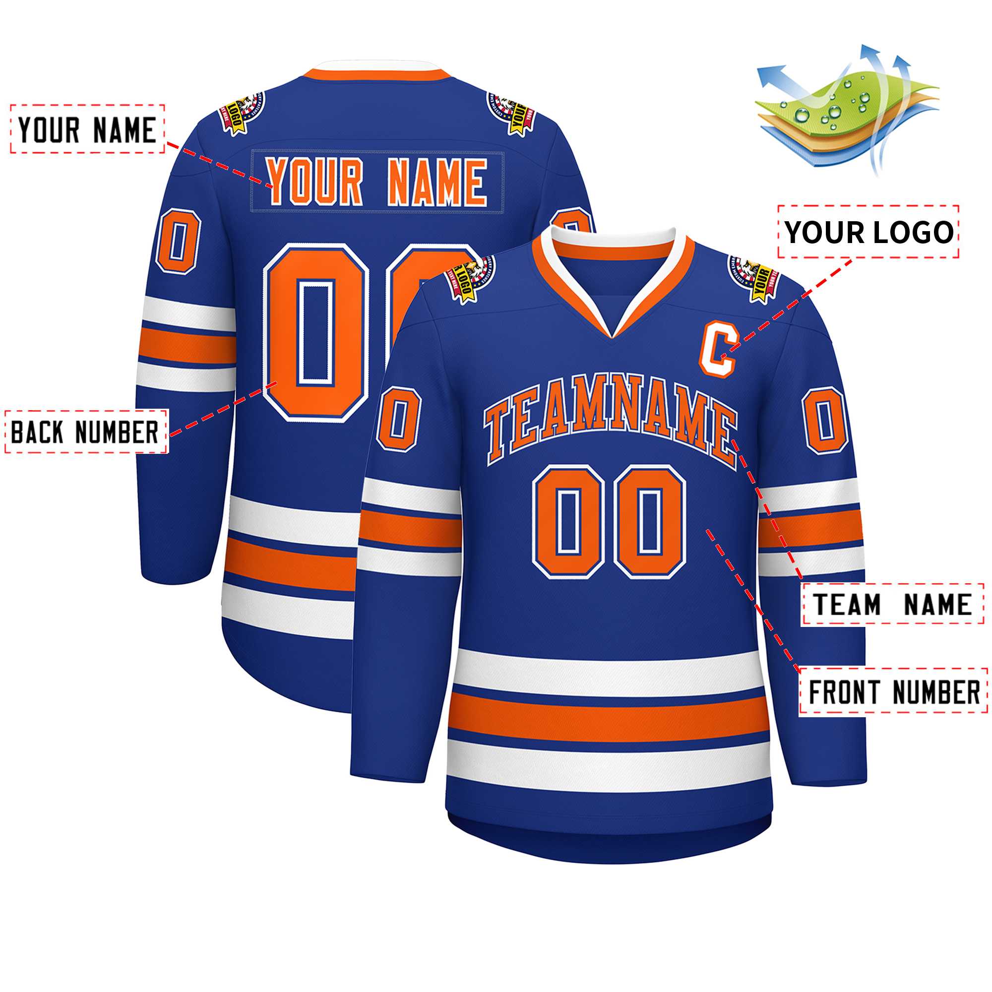 Maillot de hockey personnalisé de style classique Royal Orange Royal-White