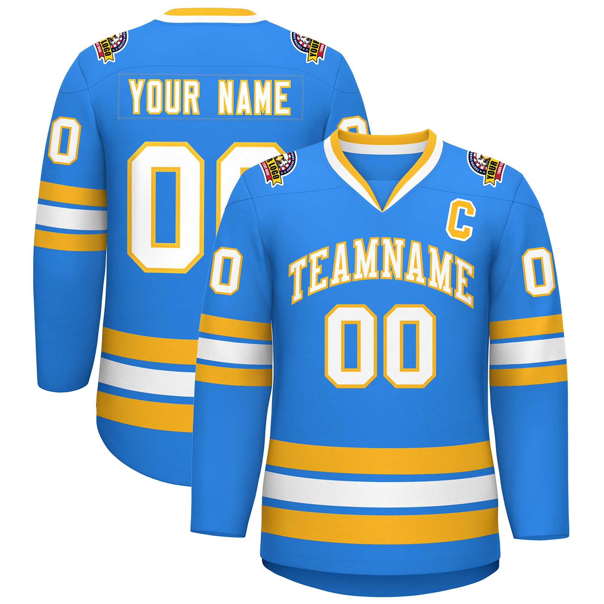 Custom Powder Blue White-Gold Classic Style Hockey Jersey