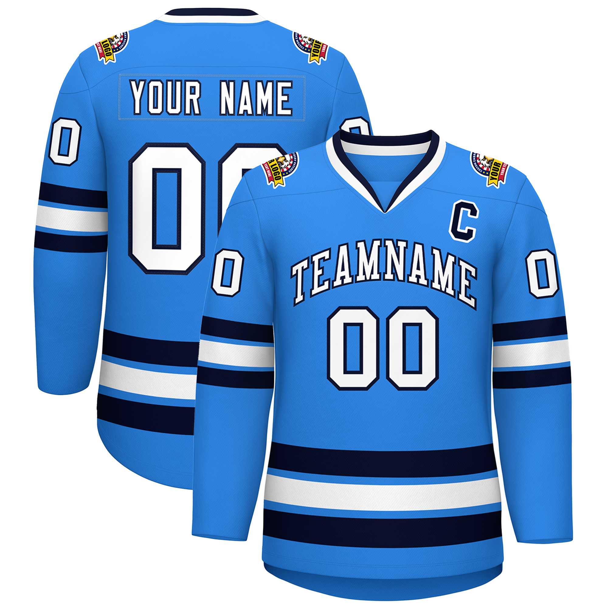 Custom Powder Blue White-Navy Classic Style Hockey Jersey