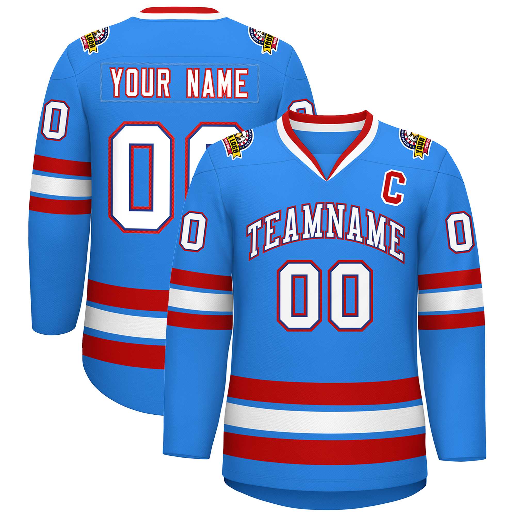 Custom Powder Blue White Royal-Red Classic Style Hockey Jersey