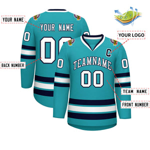 Custom Aqua White-Navy Classic Style Hockey Jersey