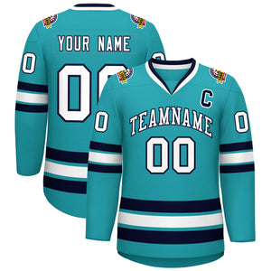 Custom Aqua White-Navy Classic Style Hockey Jersey