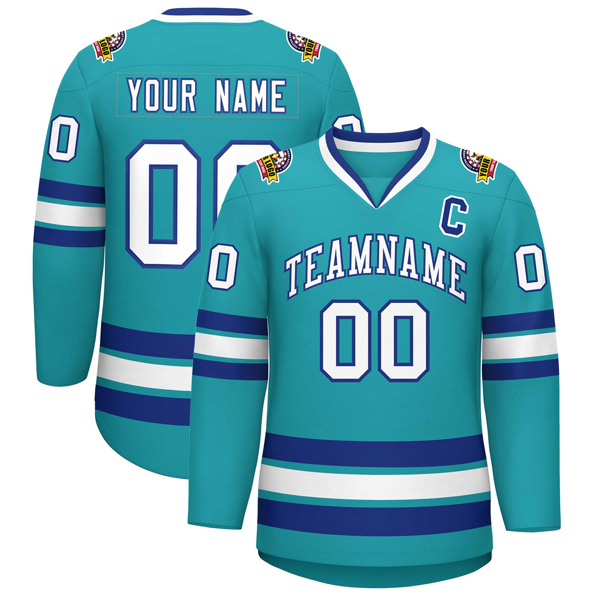 Custom Aqua White-Royal Classic Style Hockey Jersey