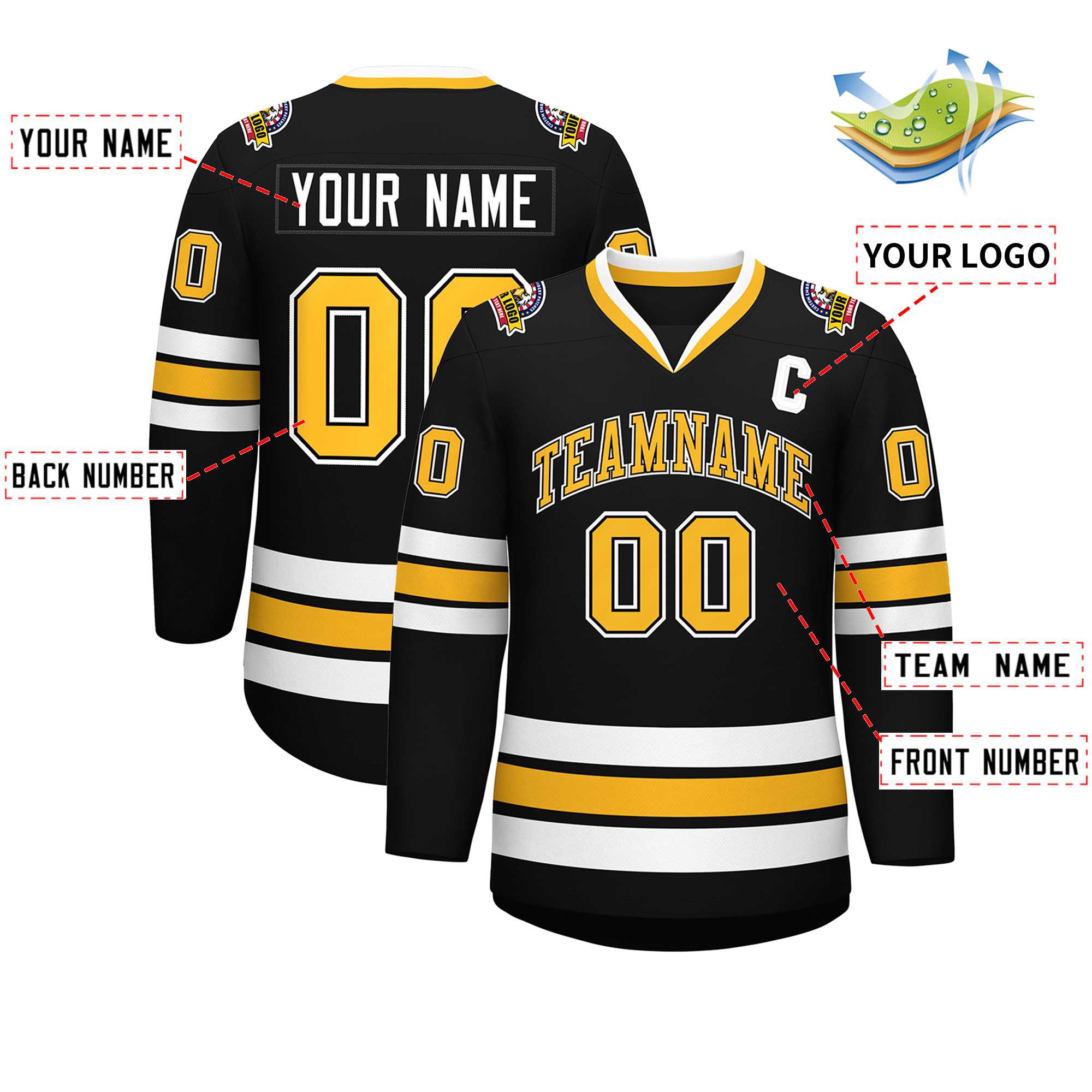 Custom Black Gold Black-White Classic Style Hockey Jersey