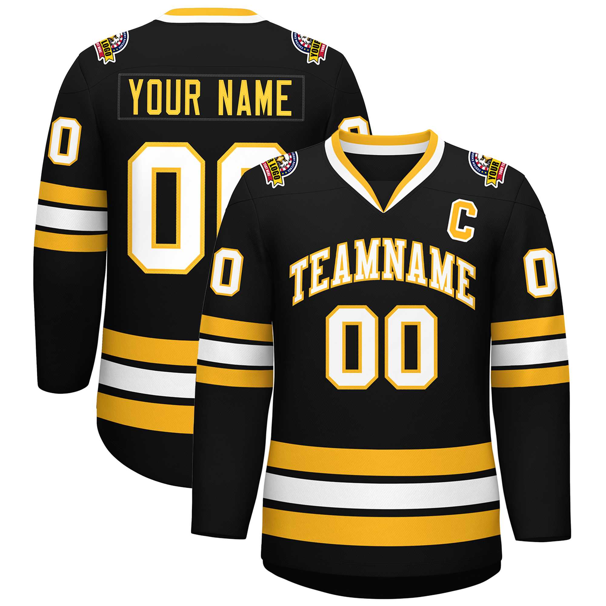 Custom Black White-Gold Classic Style Hockey Jersey