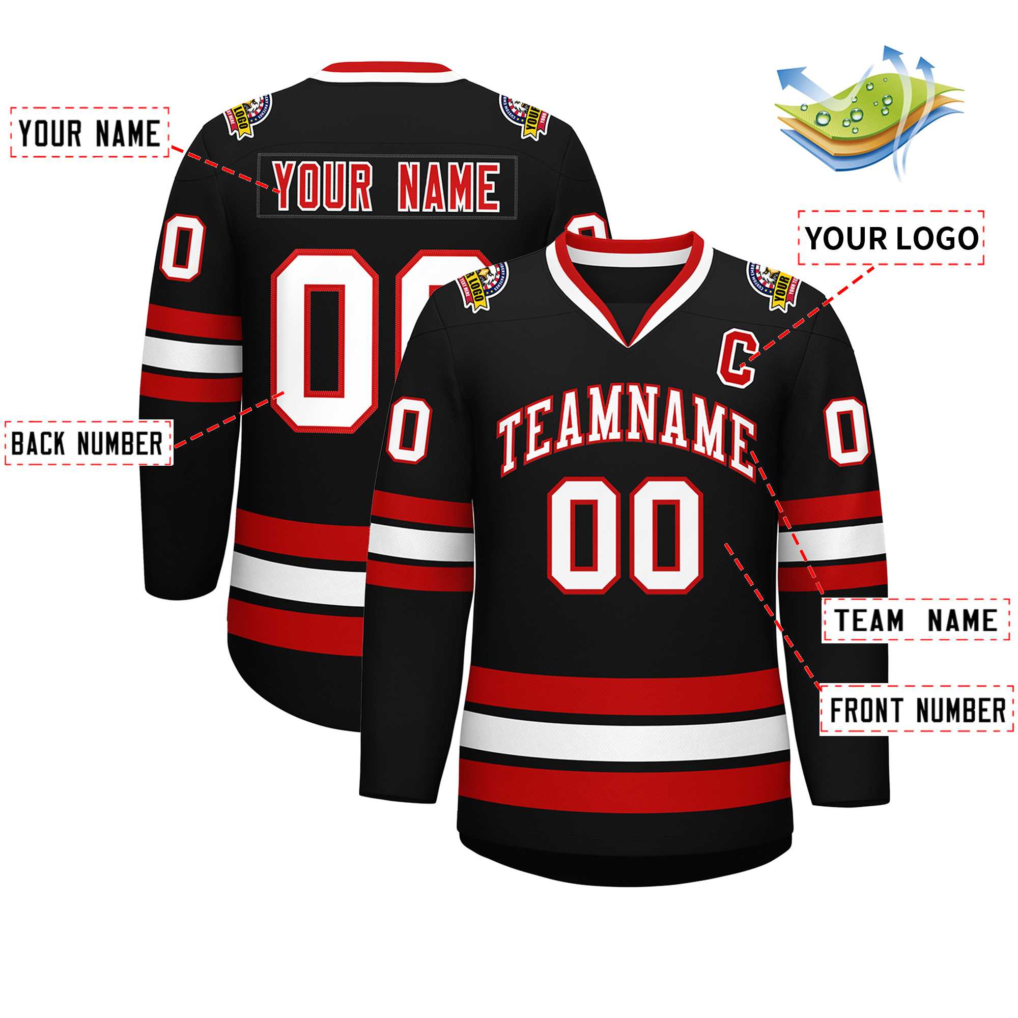 Custom Black White-Red Classic Style Hockey Jersey