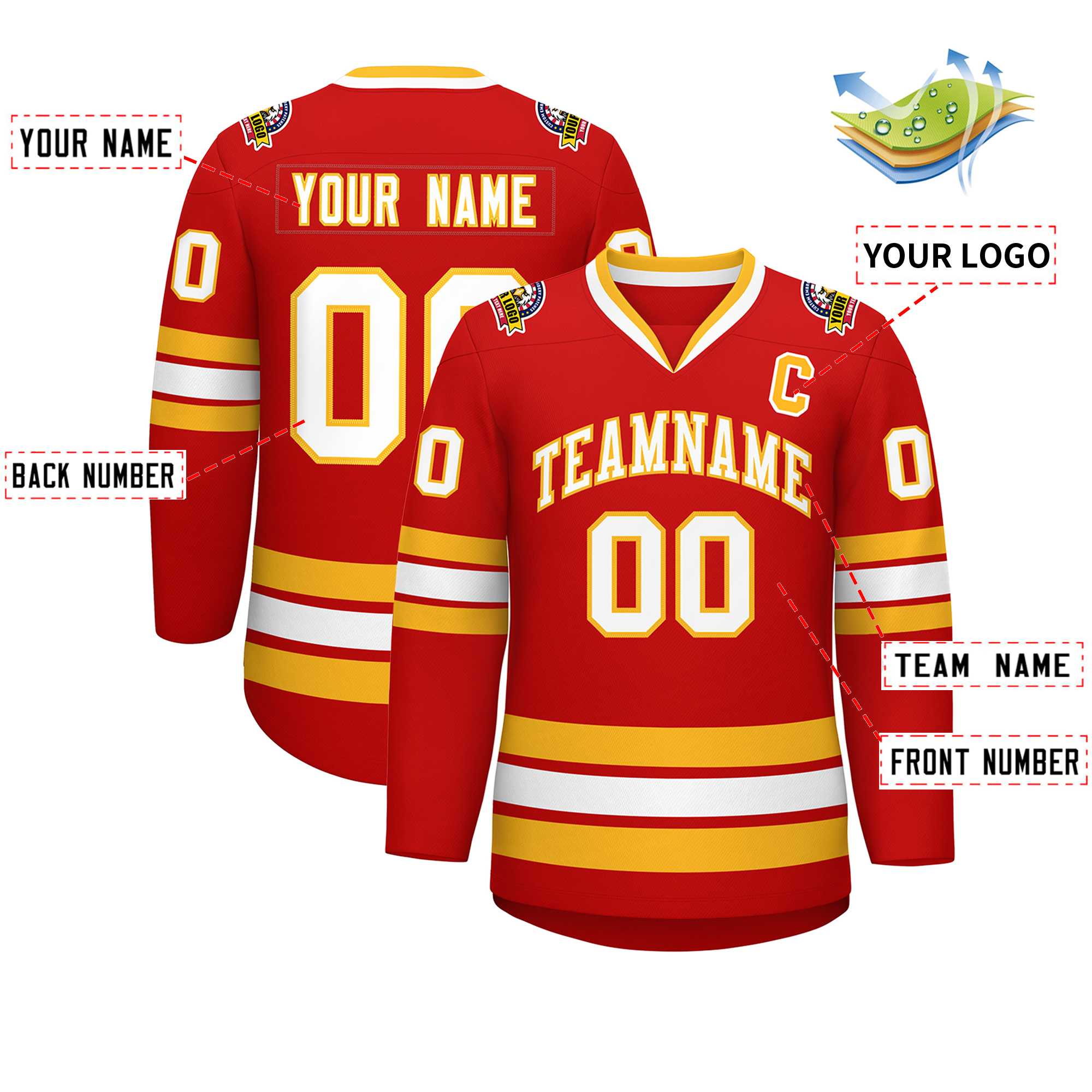 Custom Red White-Gold Classic Style Hockey Jersey