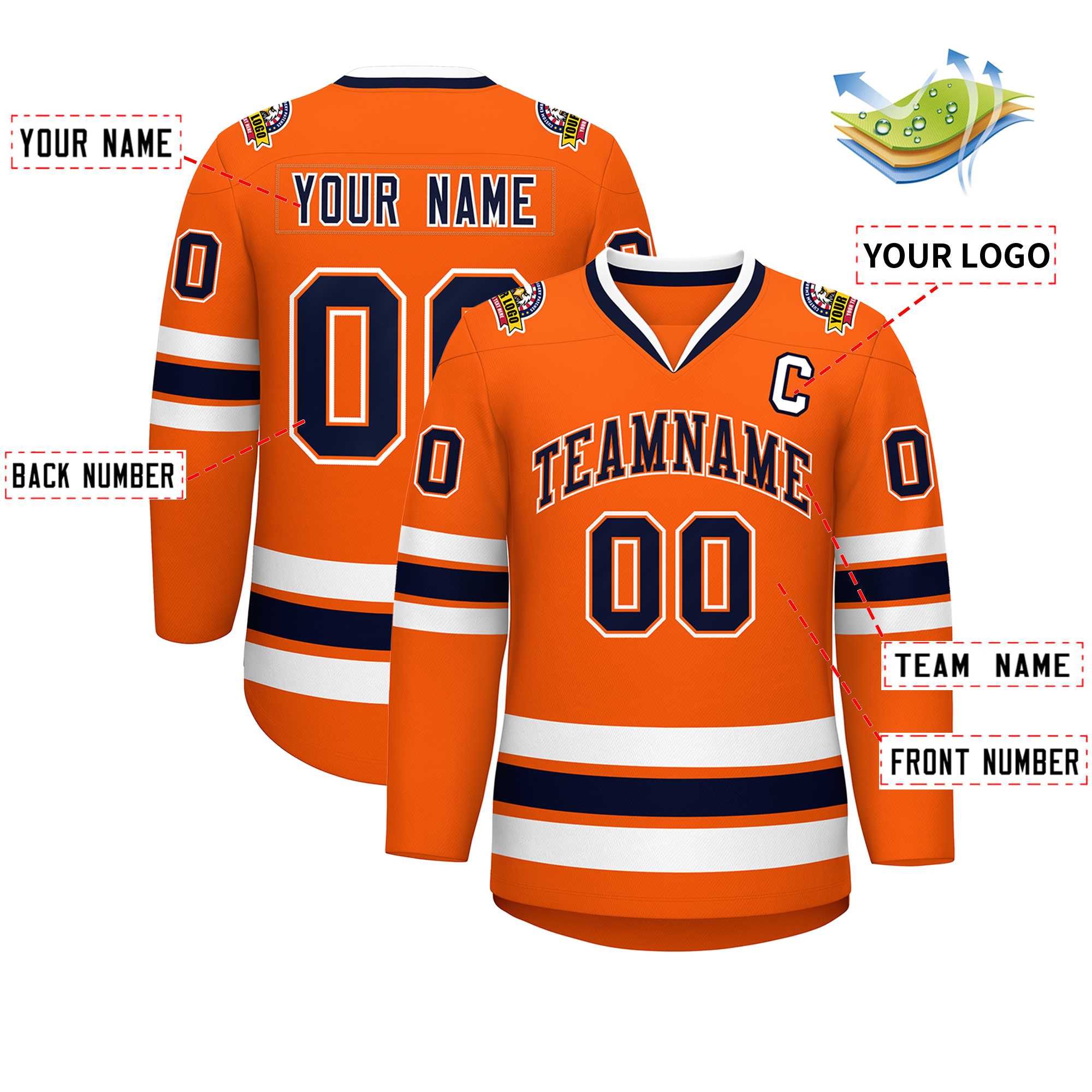 Maillot de hockey de style classique orange marine orange-blanc personnalisé