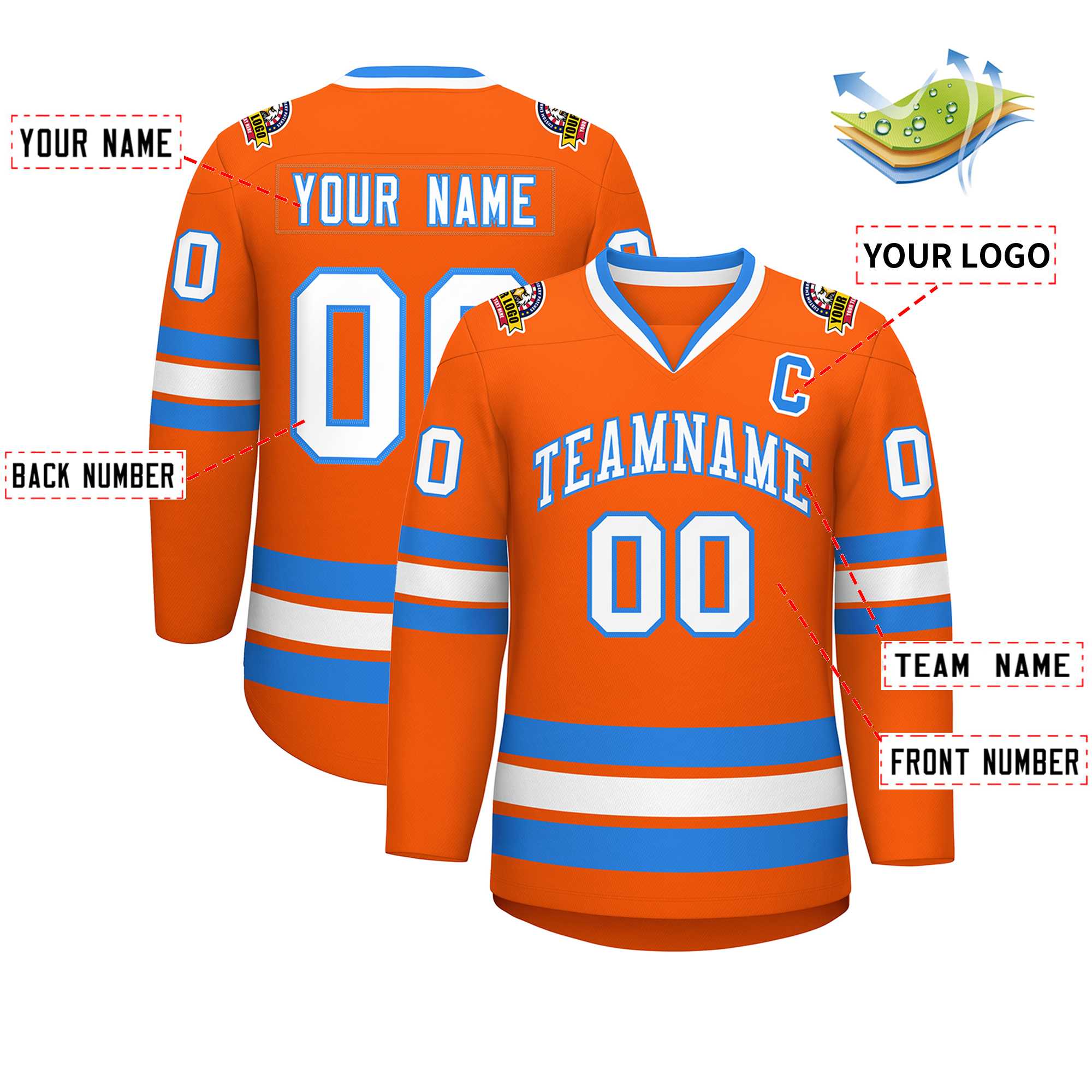 Maillot de hockey de style classique orange blanc-bleu poudre personnalisé