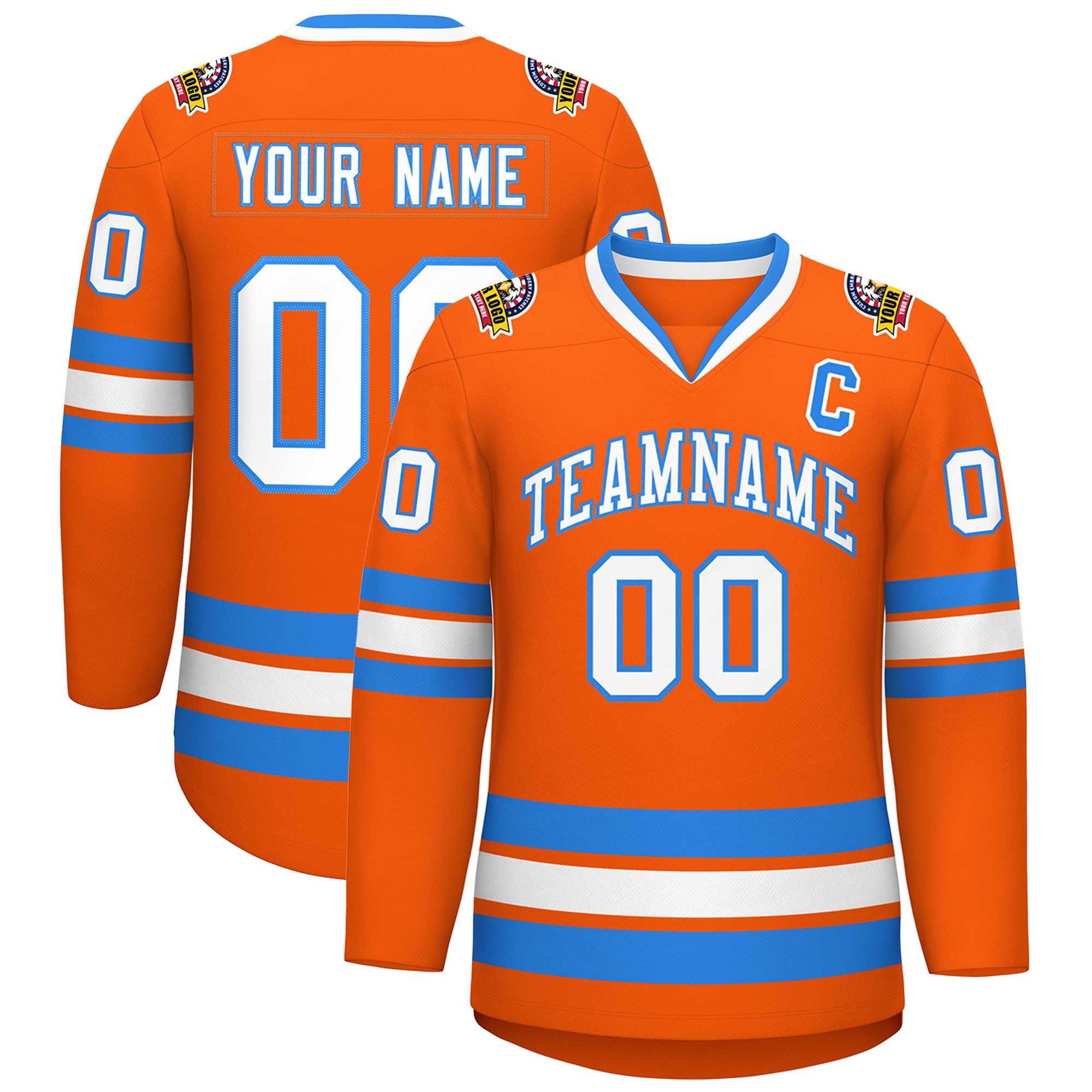 Maillot de hockey de style classique orange blanc-bleu poudre personnalisé