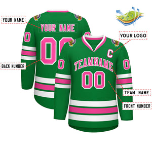 Custom Kelly Green Pink-White Classic Style Hockey Jersey