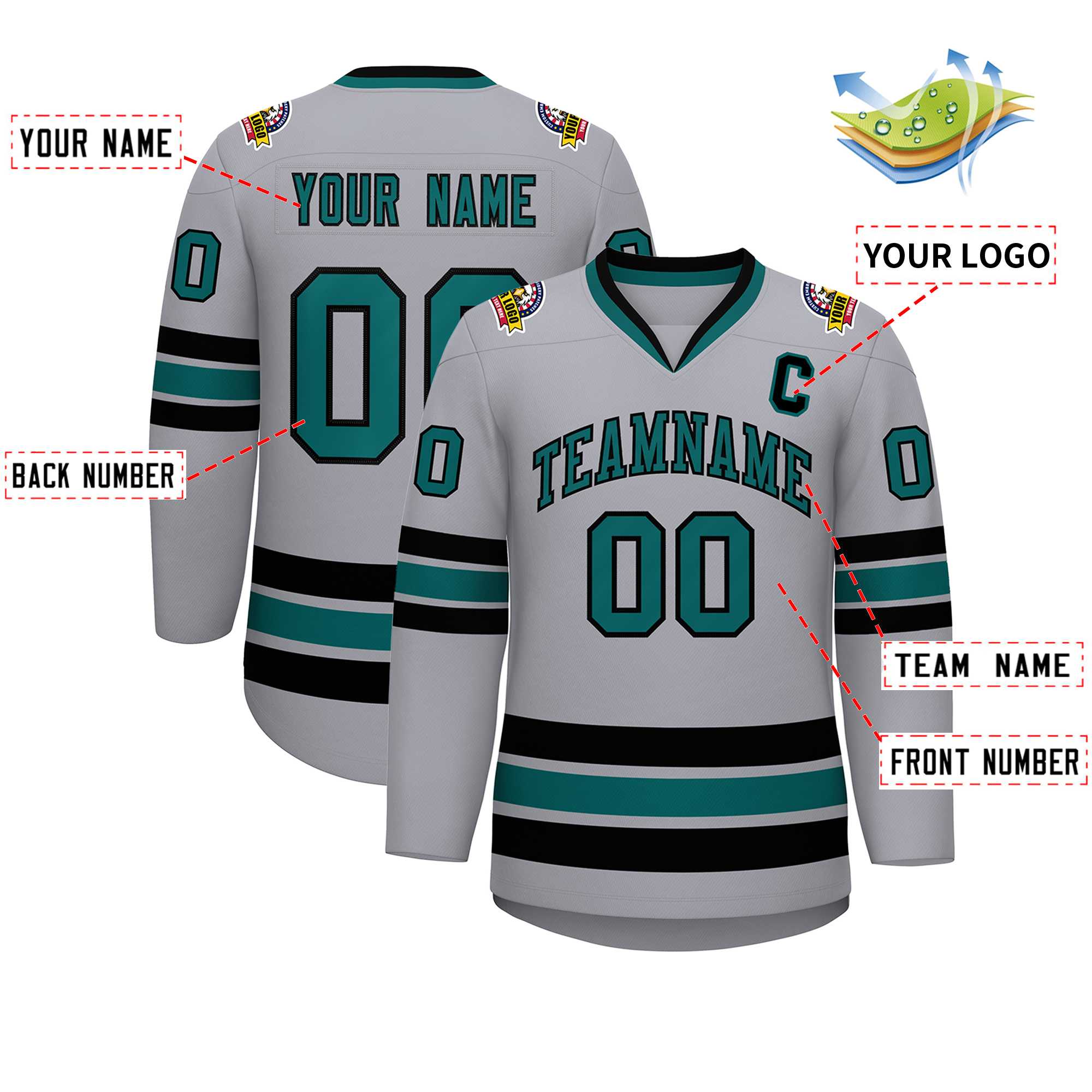 Maillot de hockey de style classique gris Aqua-noir personnalisé