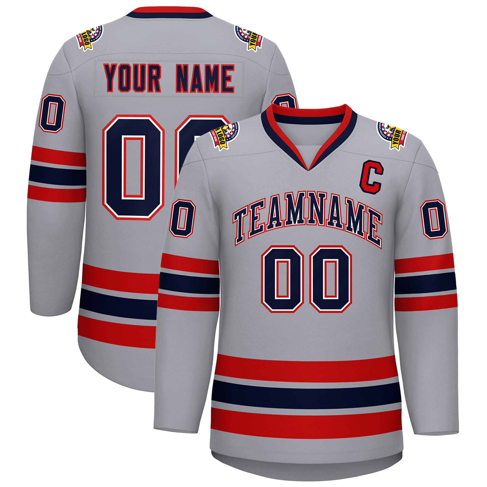 Custom Gray Navy White-Red Classic Style Hockey Jersey