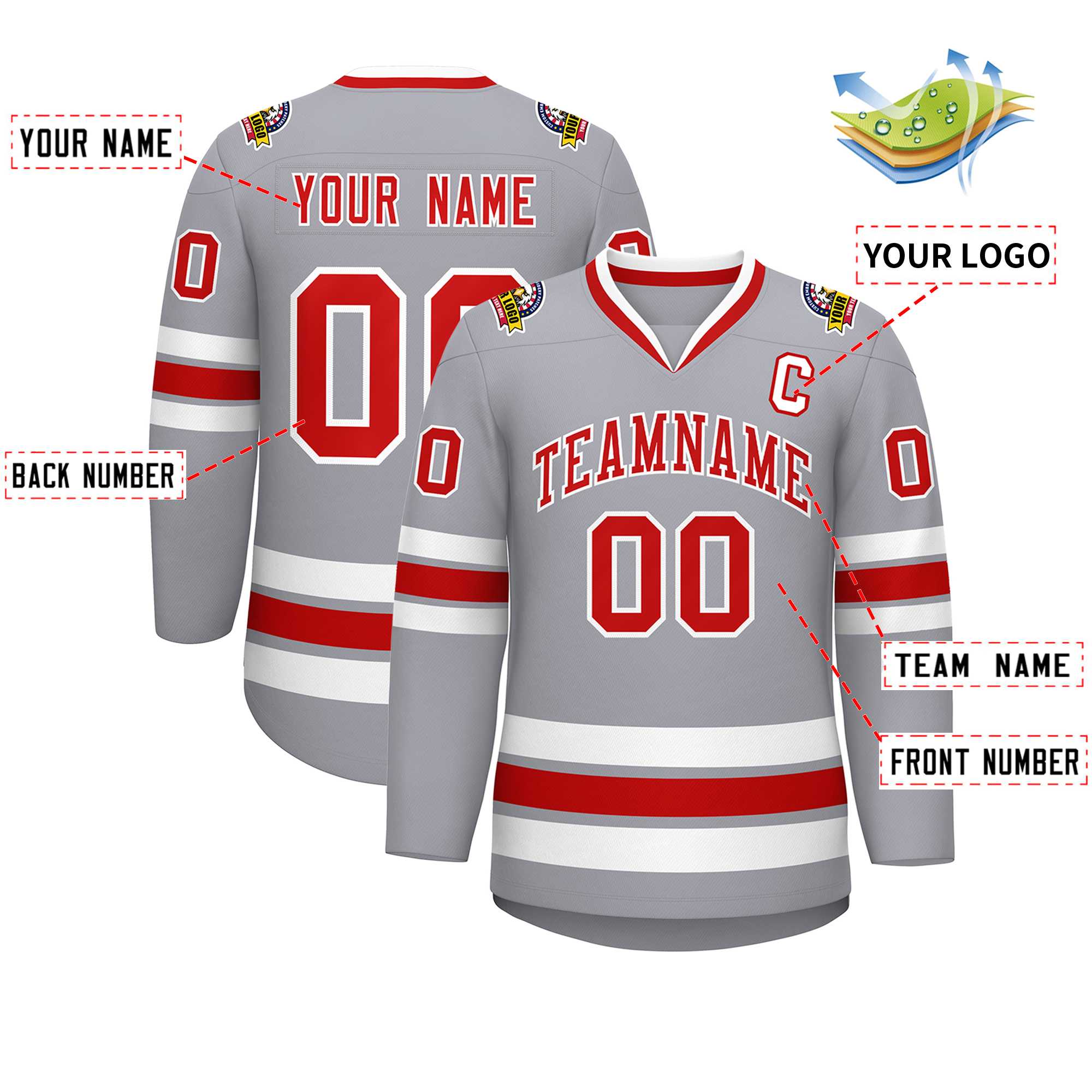 Maillot de hockey de style classique gris rouge-blanc personnalisé