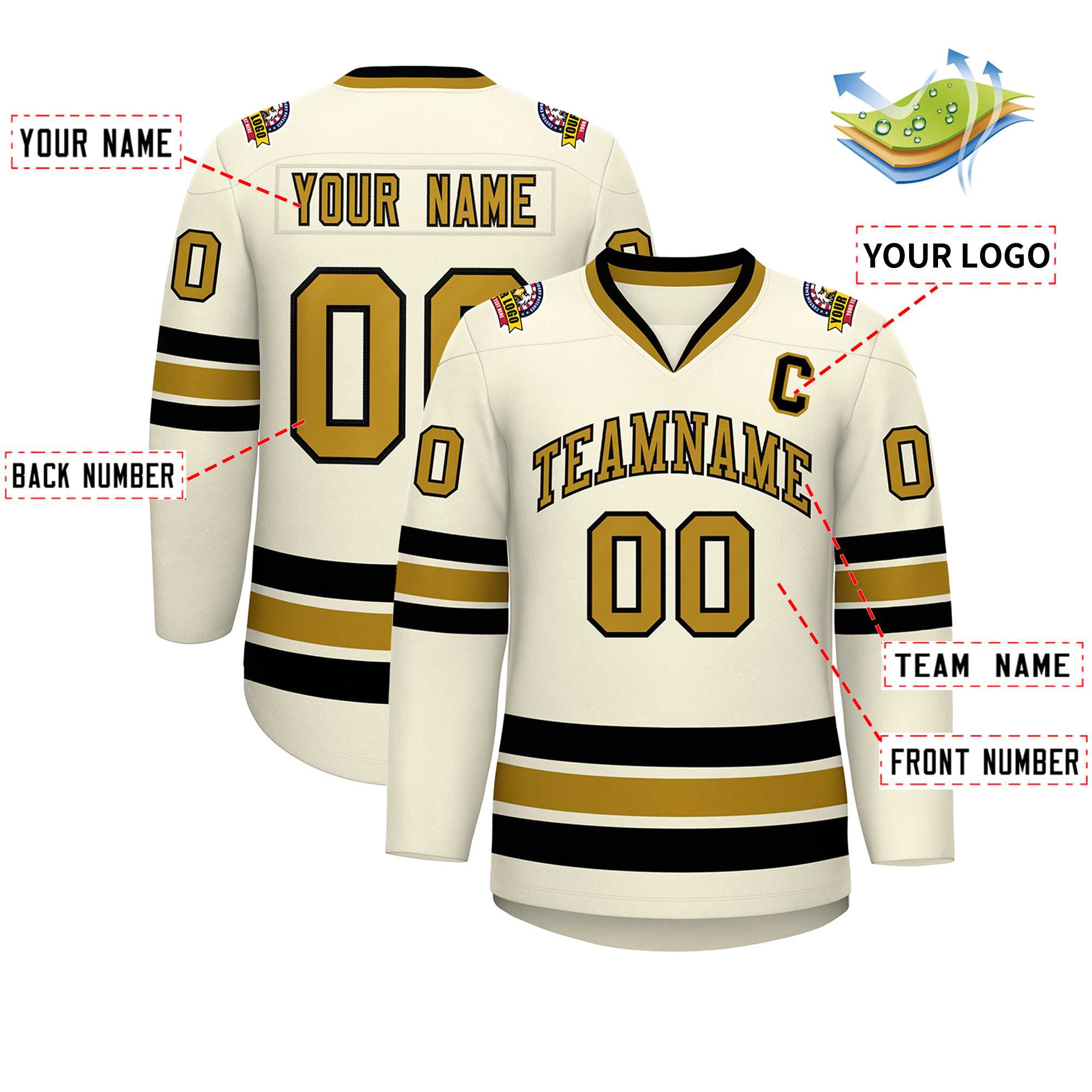 Custom Khaki Old Gold-Black Classic Style Hockey Jersey