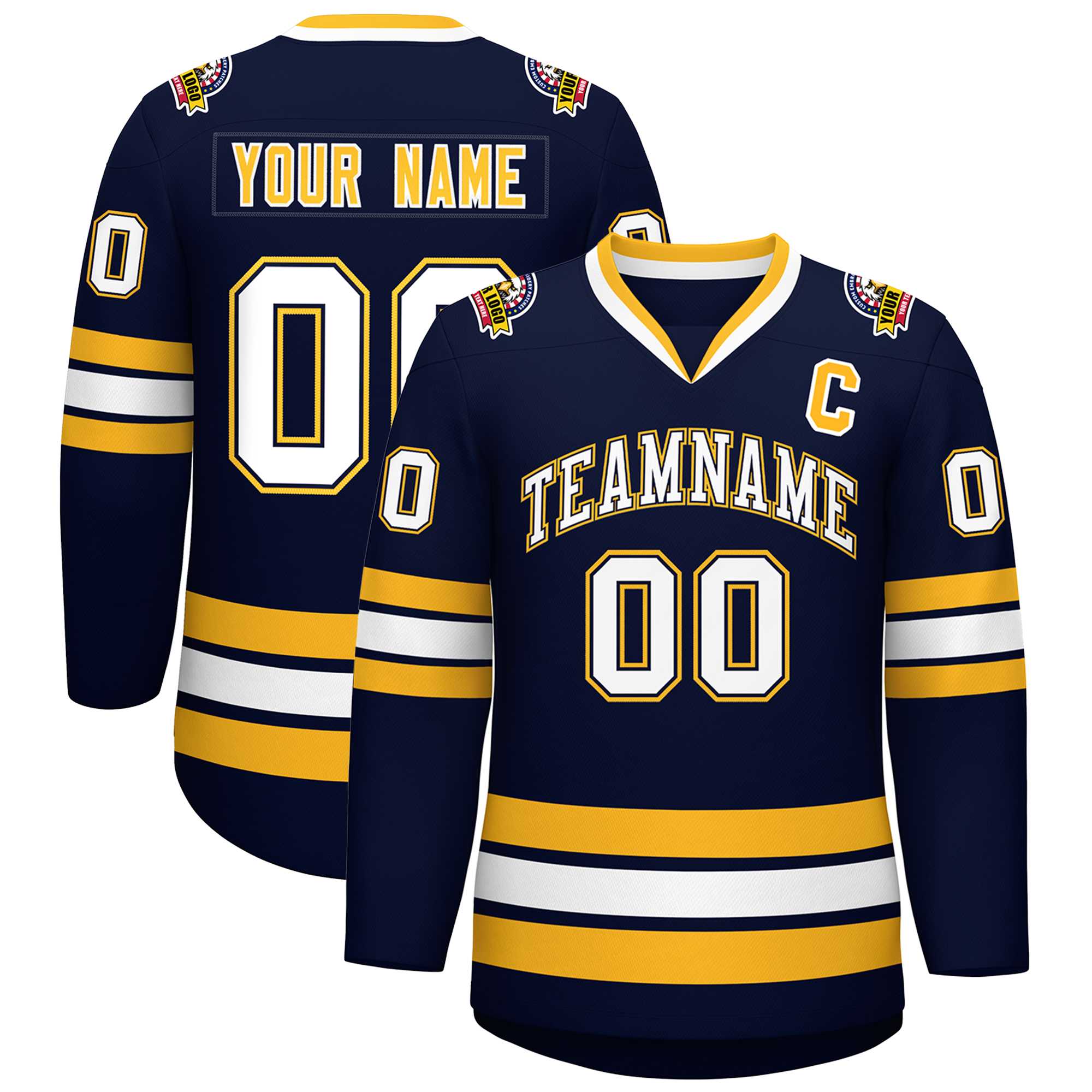 Custom Navy White Navy-Gold Classic Style Hockey Jersey