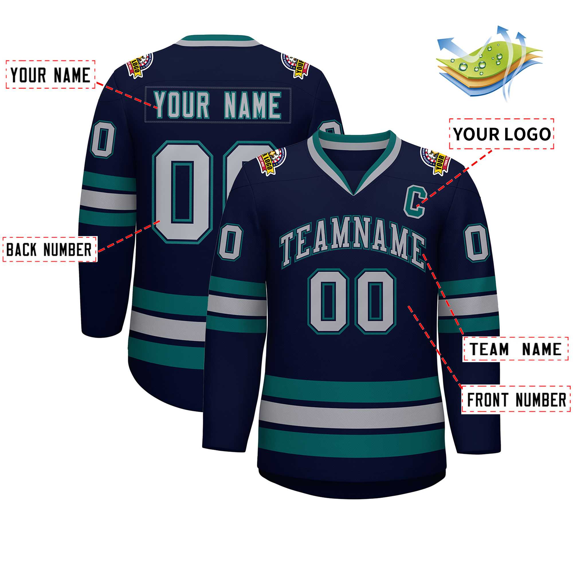 Maillot de hockey personnalisé de style classique, gris marine, marine-aqua