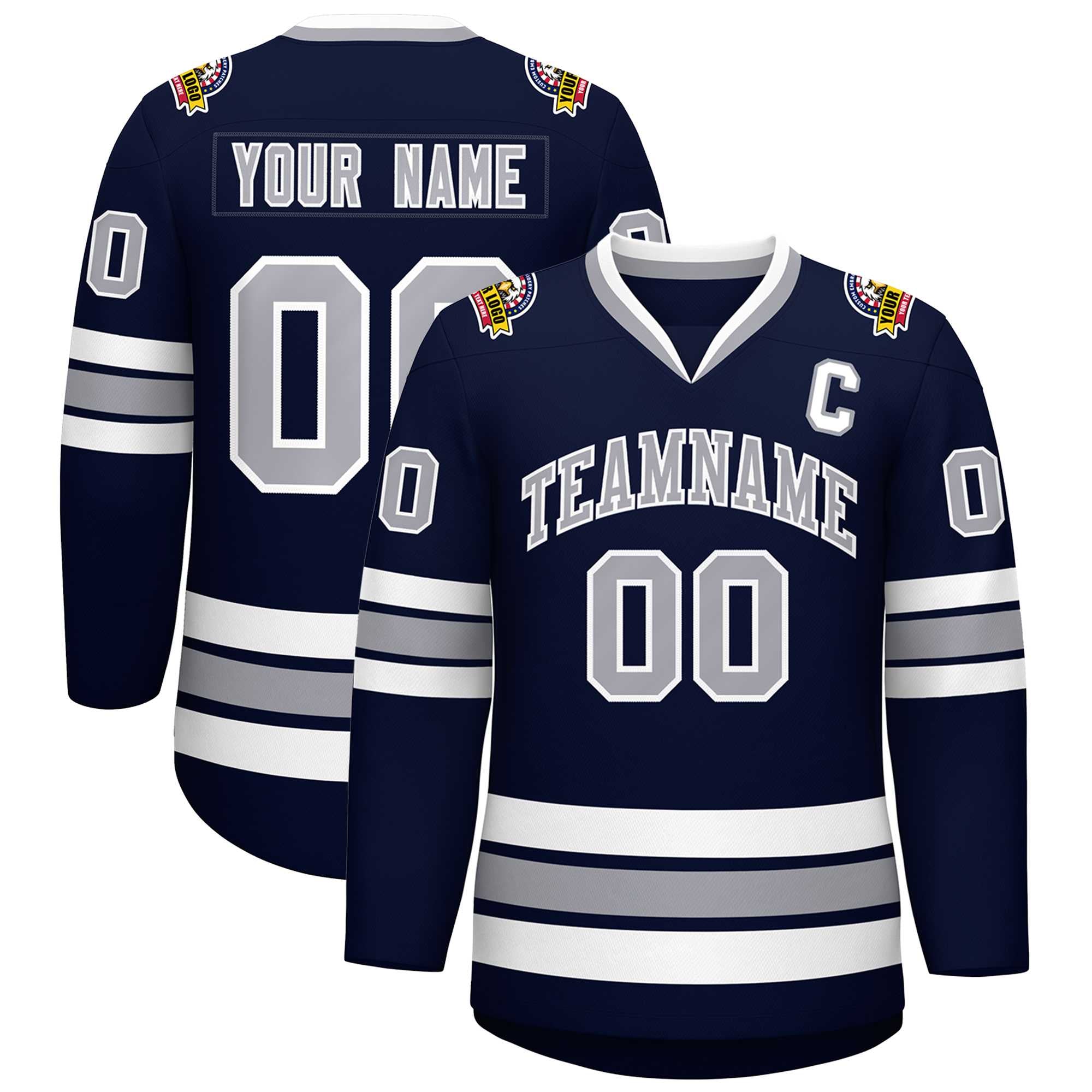 Custom Navy Gray-White Classic Style Hockey Jersey