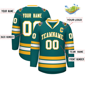 Custom Aqua White-Gold Classic Style Hockey Jersey