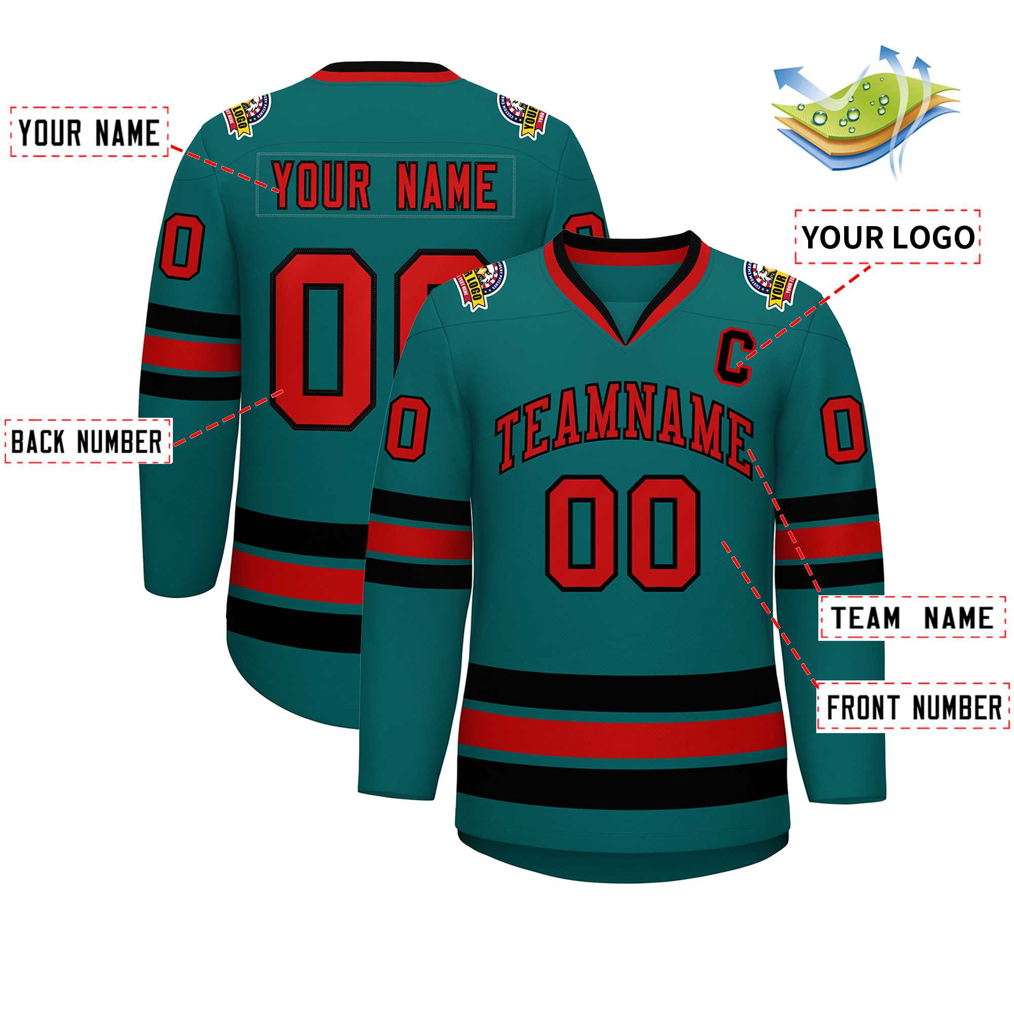 Maillot de hockey de style classique Aqua rouge-noir personnalisé