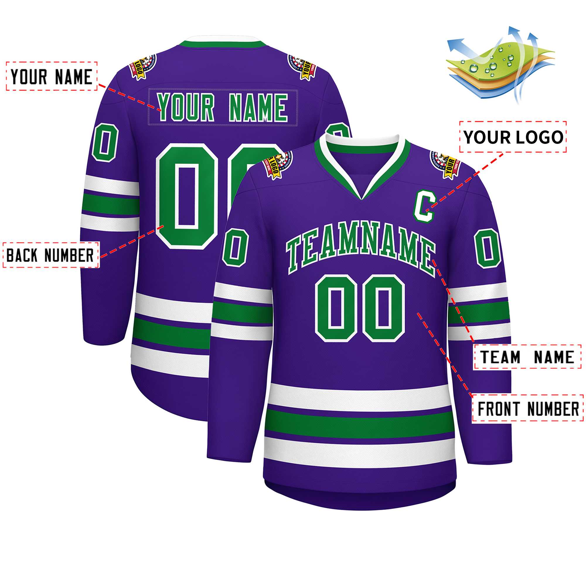 Maillot de hockey de style classique violet Kelly vert-blanc personnalisé