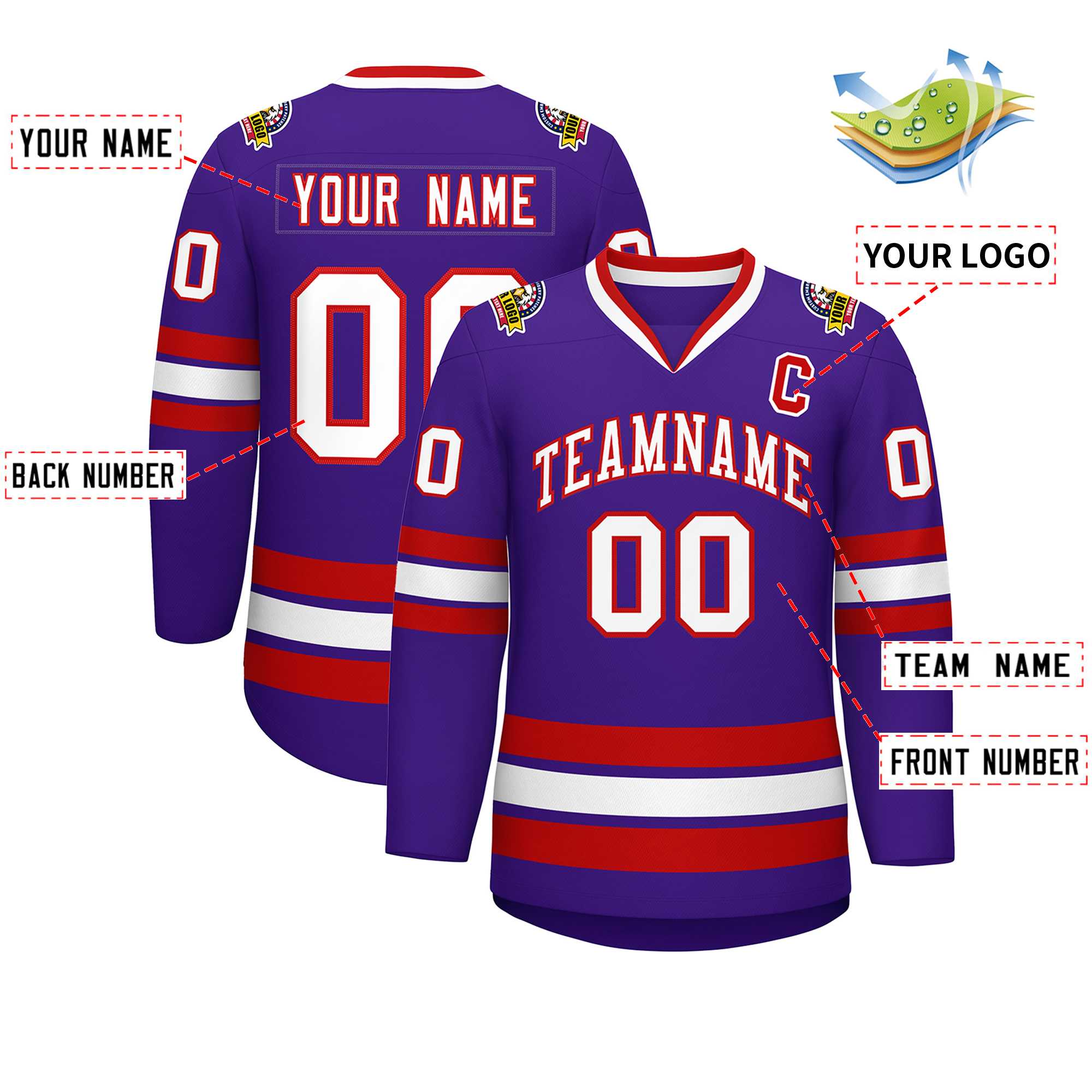 Maillot de hockey de style classique violet blanc-rouge personnalisé