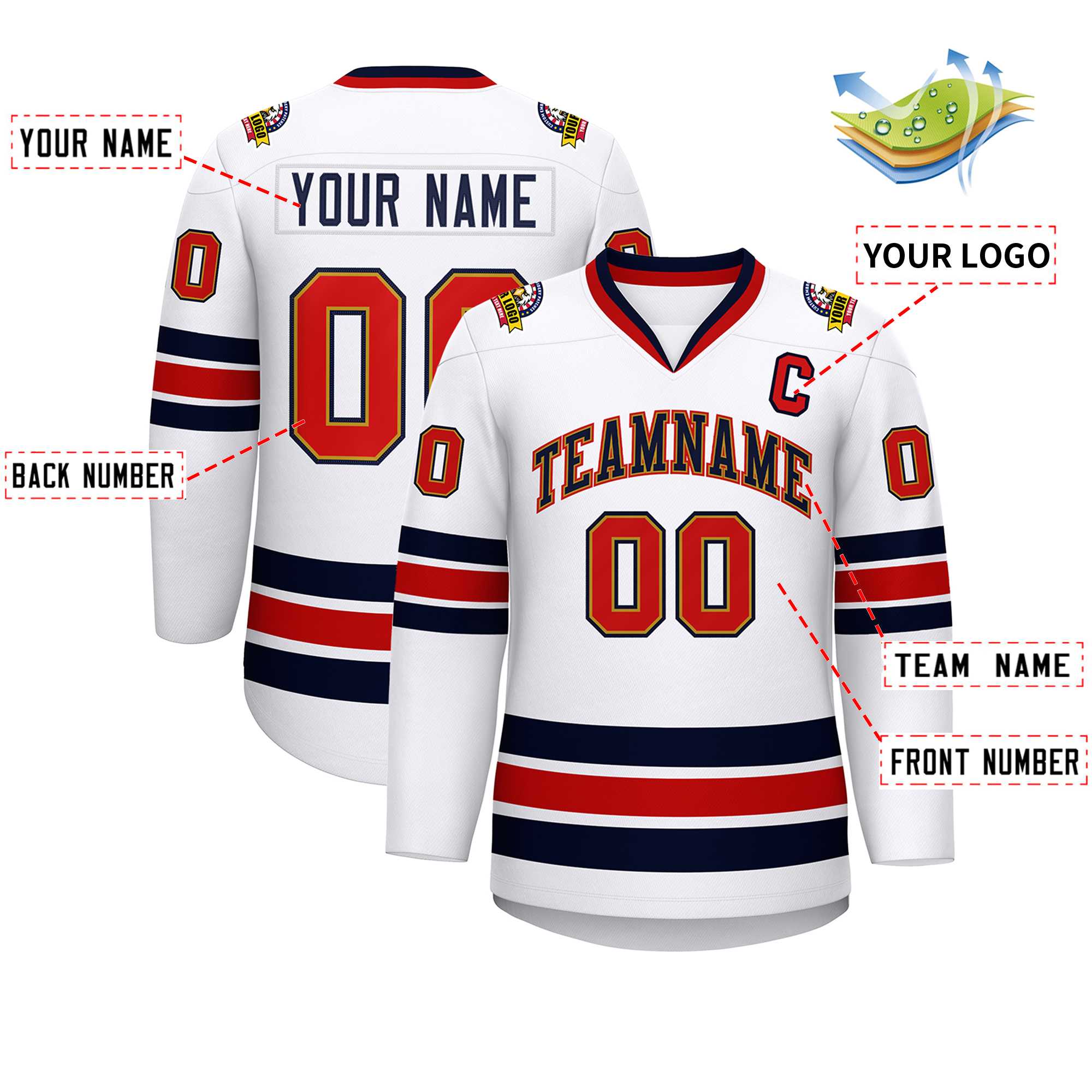 Custom White Navy Old Gold-Red Classic Style Hockey Jersey