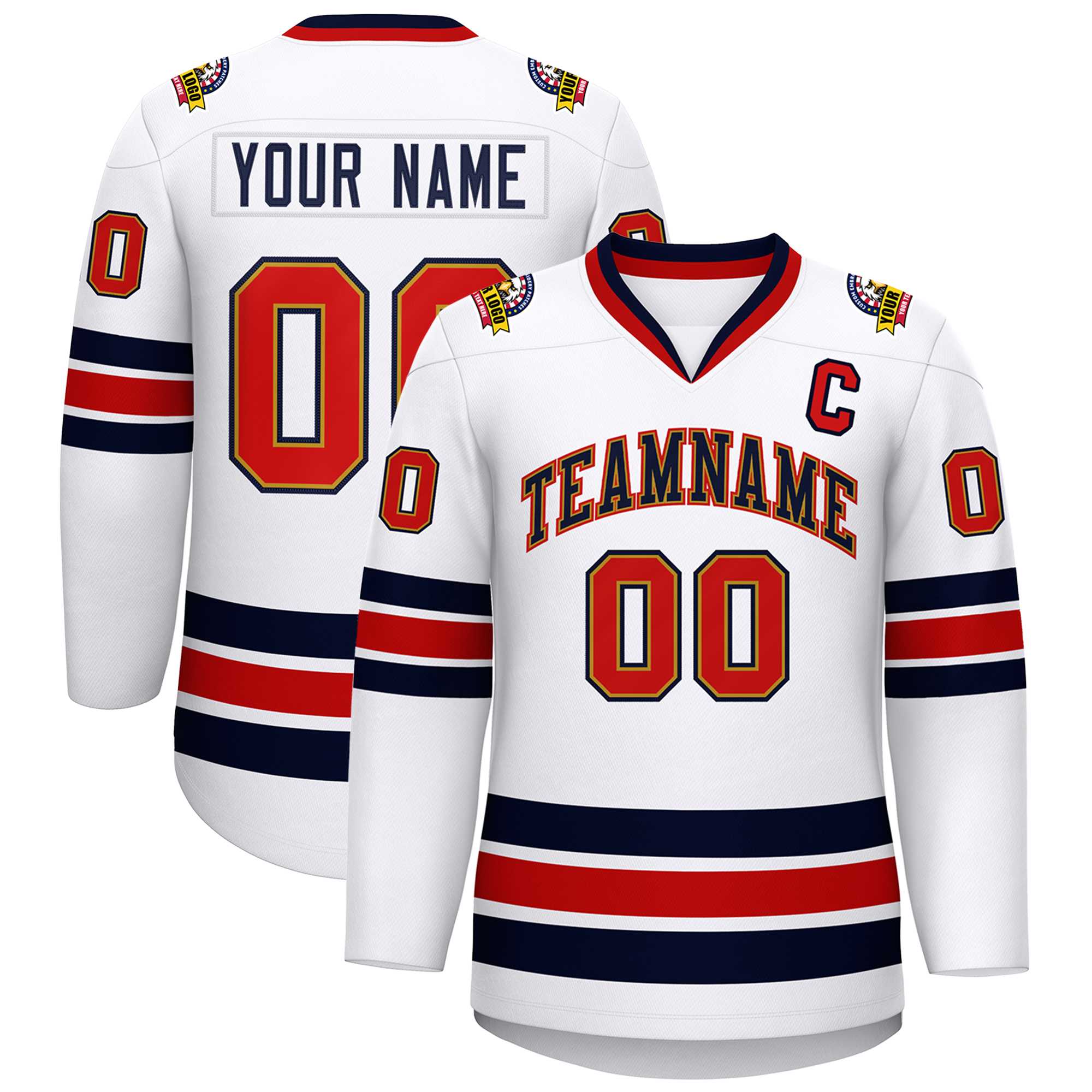 Custom White Navy Old Gold-Red Classic Style Hockey Jersey