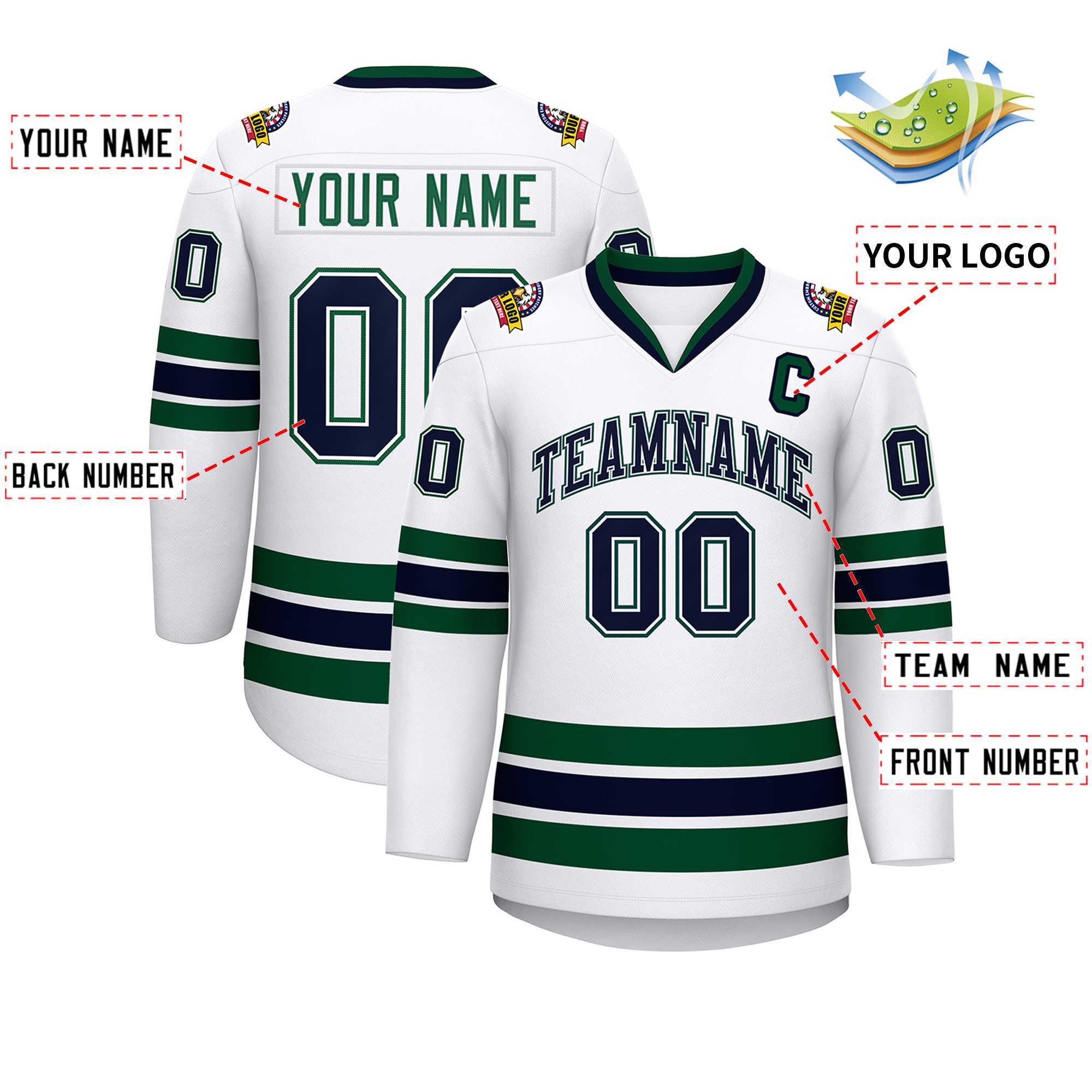 Maillot de hockey de style classique blanc-vert personnalisé blanc marine