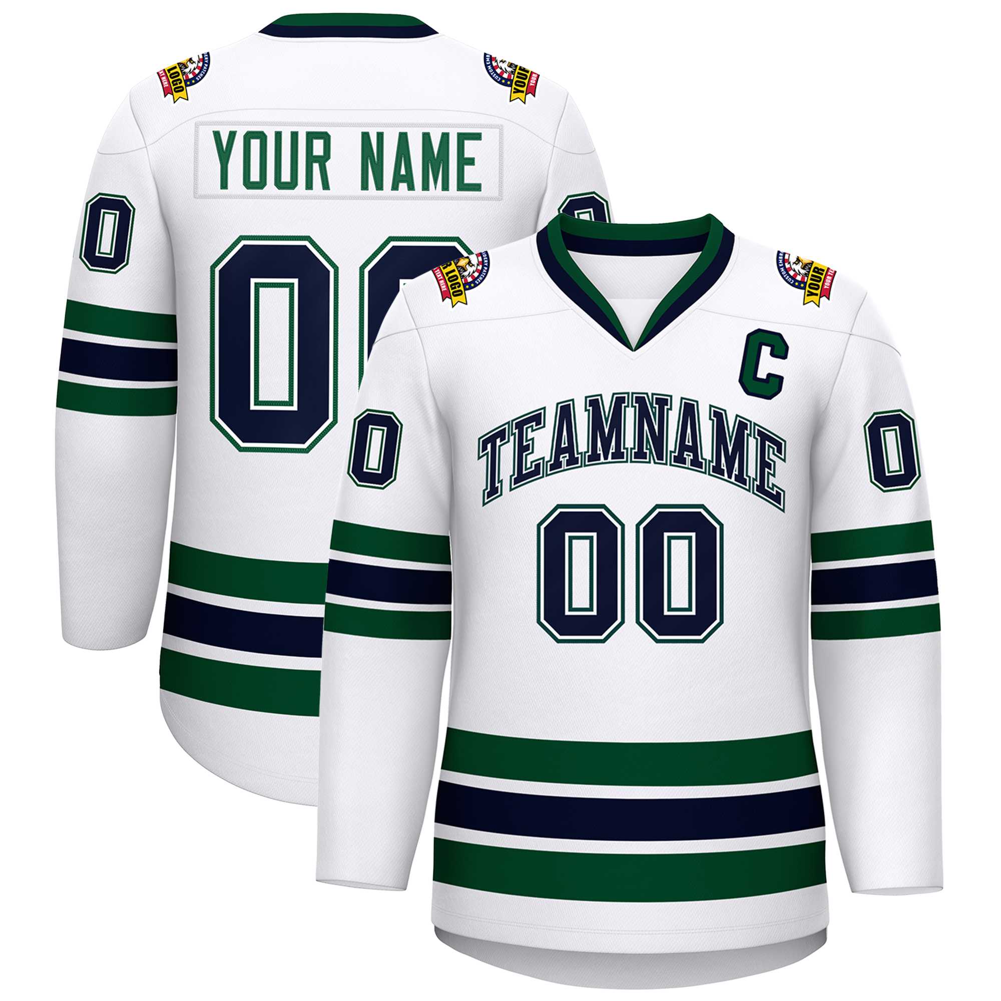 Custom White Navy White-Green Classic Style Hockey Jersey