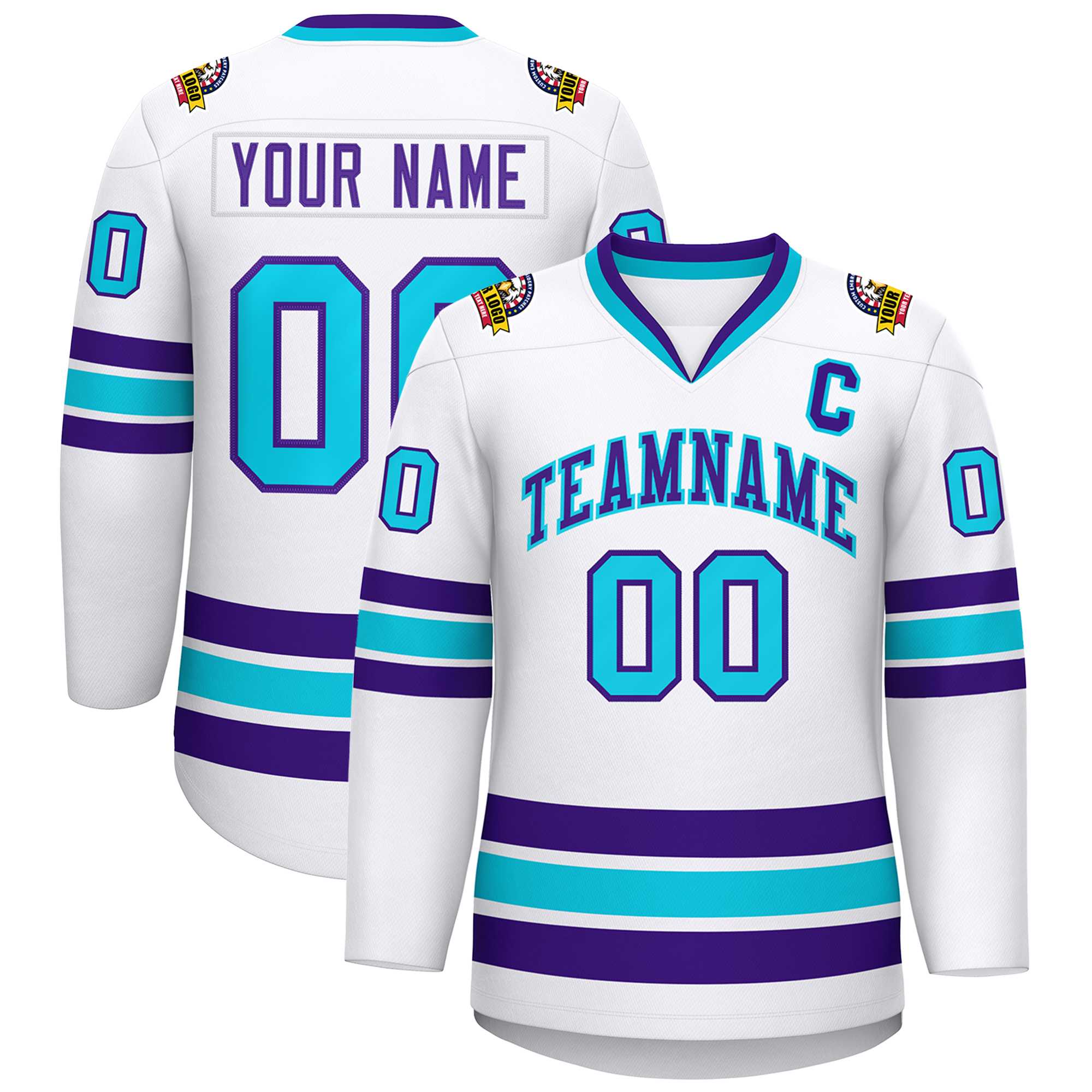 Custom White Purple-Powder Blue Classic Style Hockey Jersey