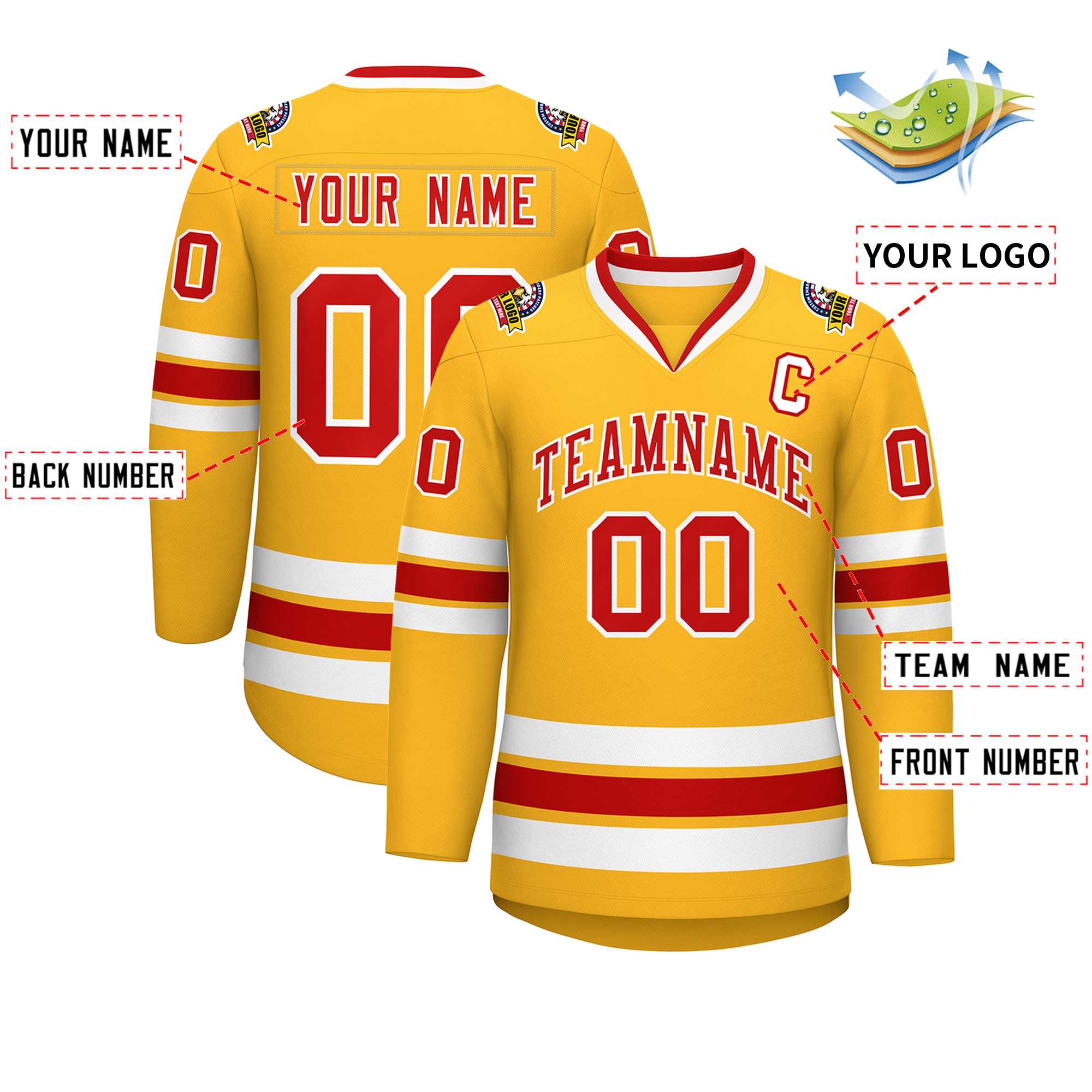 Custom Gold Red-White Classic Style Hockey Jersey