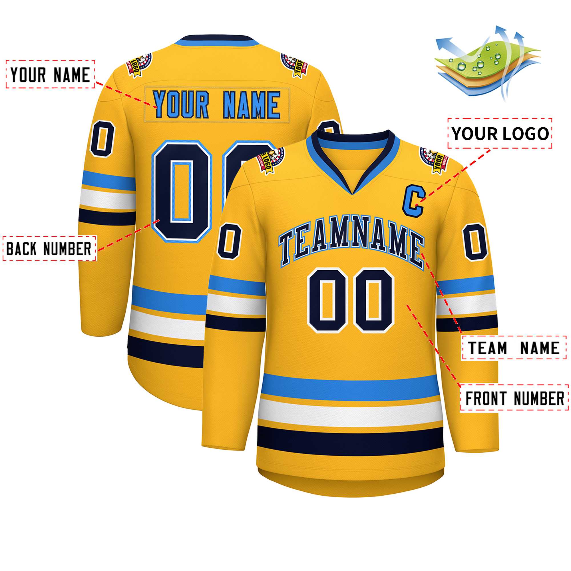 Custom Gold Navy White-Powder Blue Classic Style Hockey Jersey