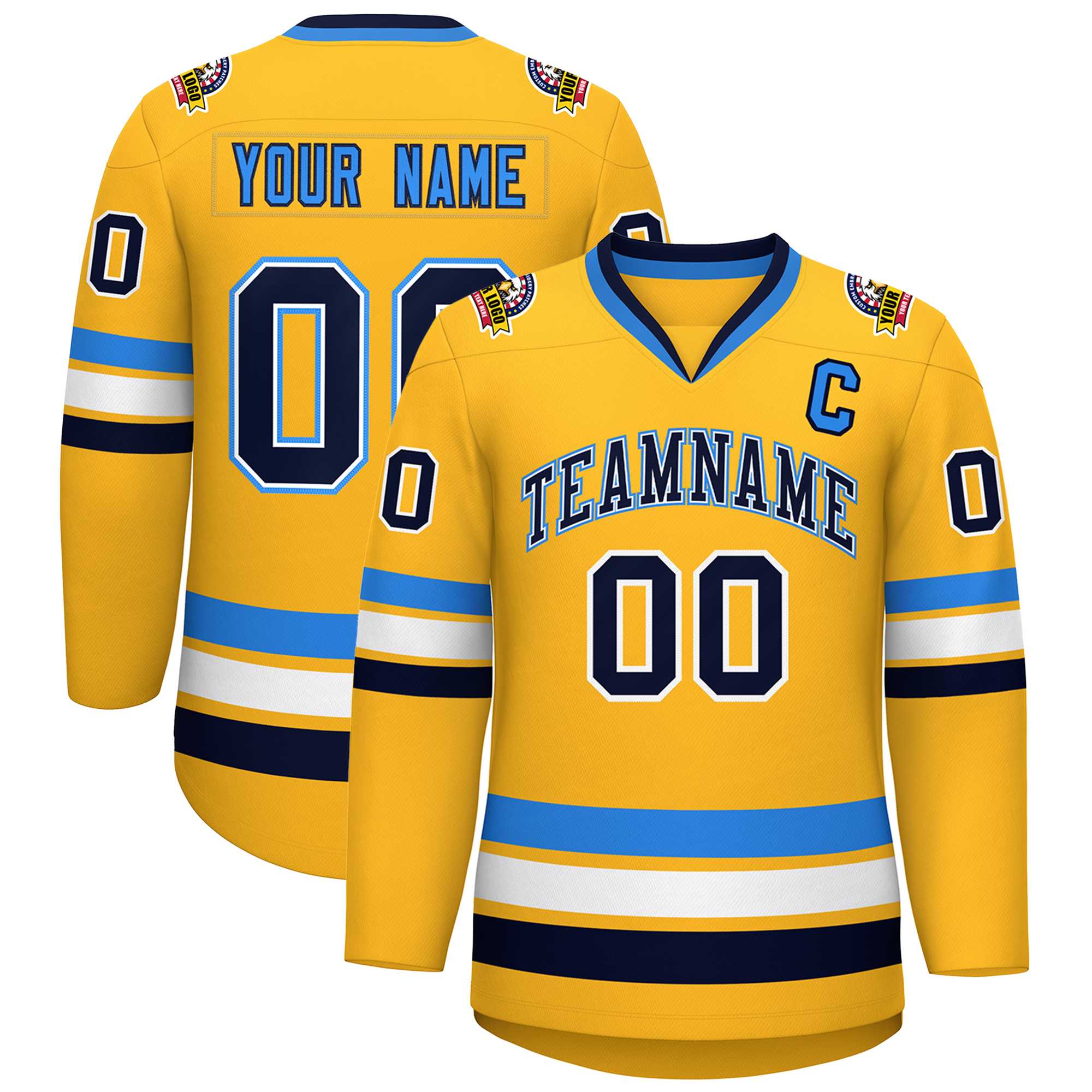 Custom Gold Navy White-Powder Blue Classic Style Hockey Jersey