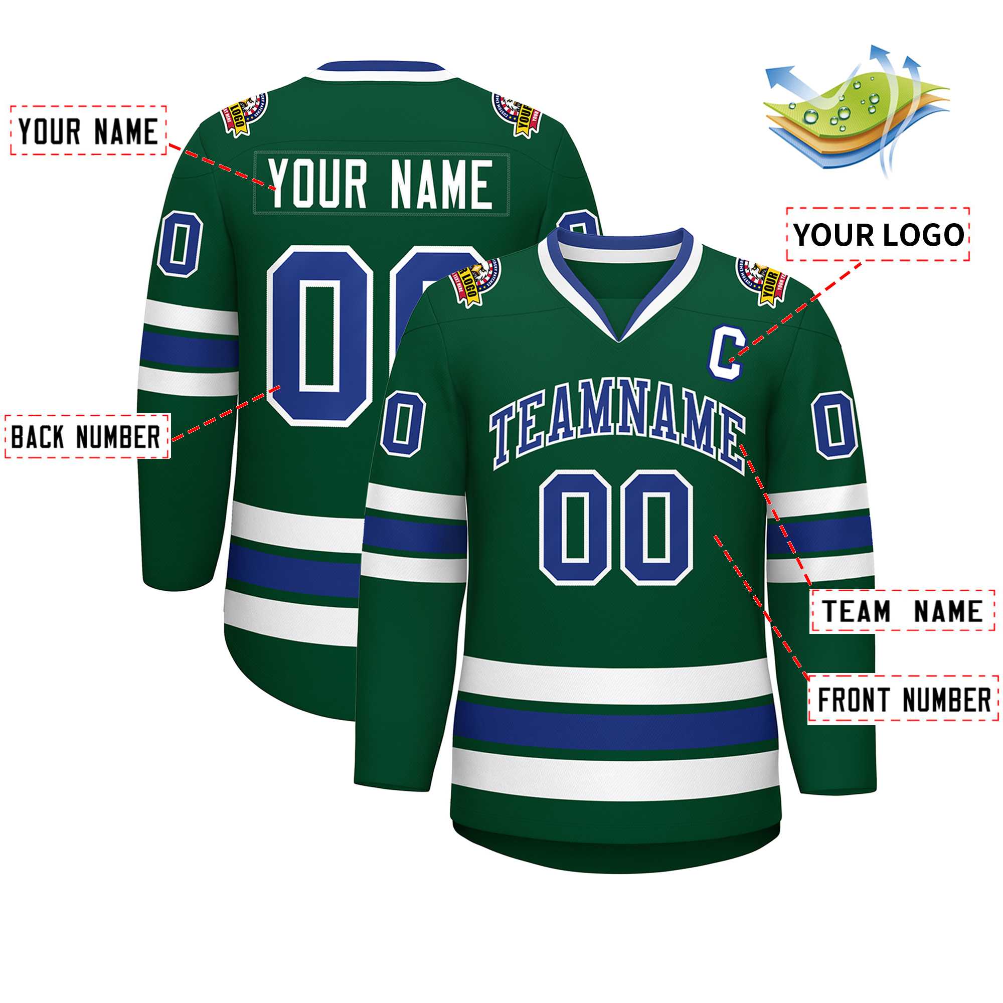 Maillot de hockey de style classique vert Royal-blanc personnalisé