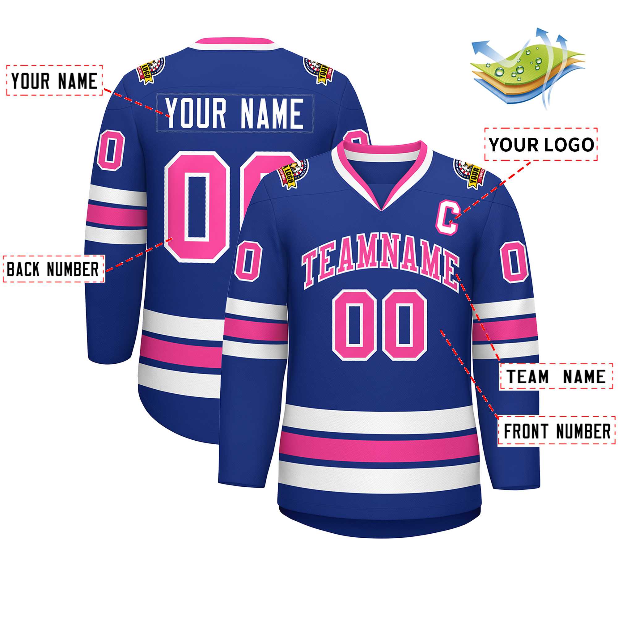 Maillot de hockey personnalisé de style classique rose-blanc royal