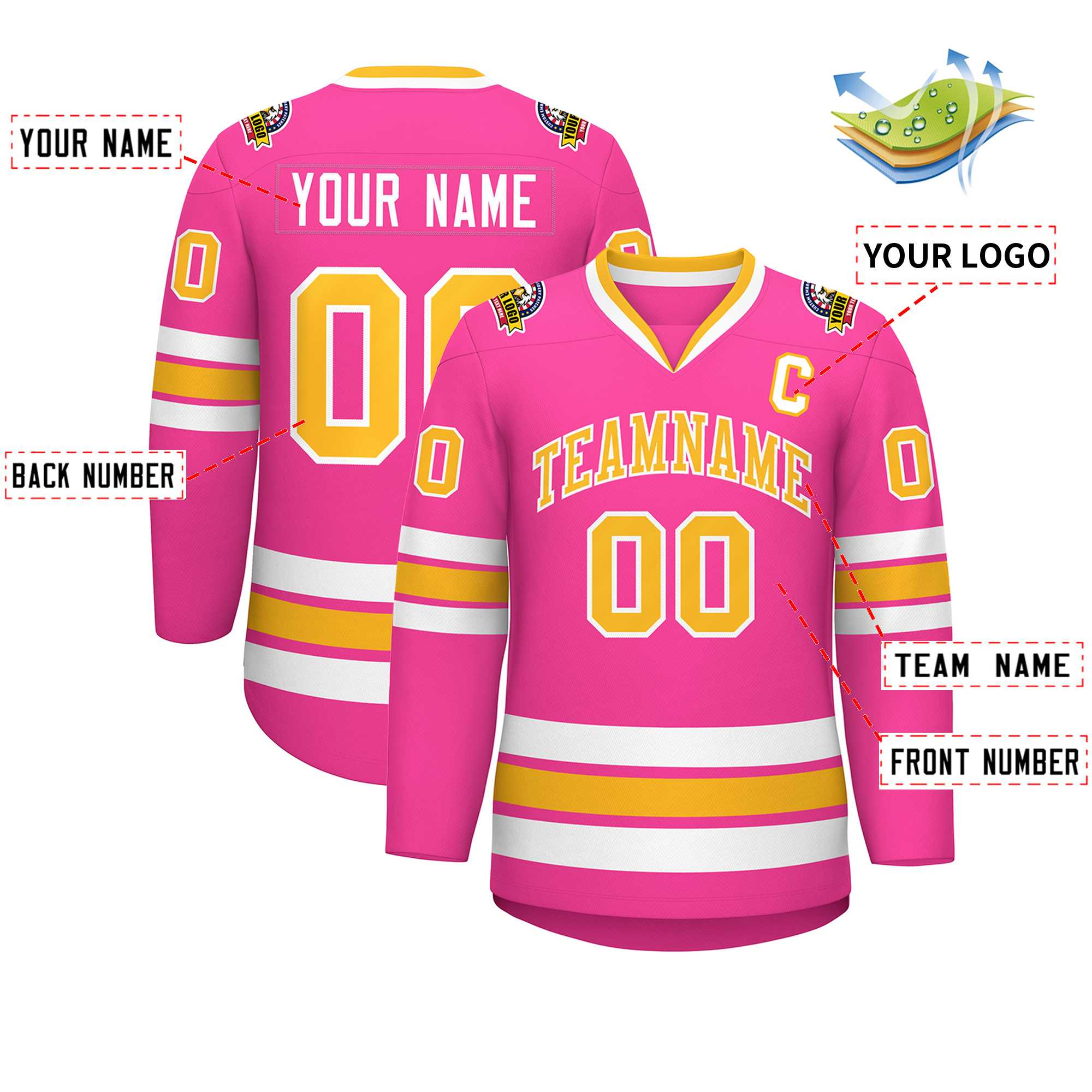 Custom Pink Gold-White Classic Style Hockey Jersey