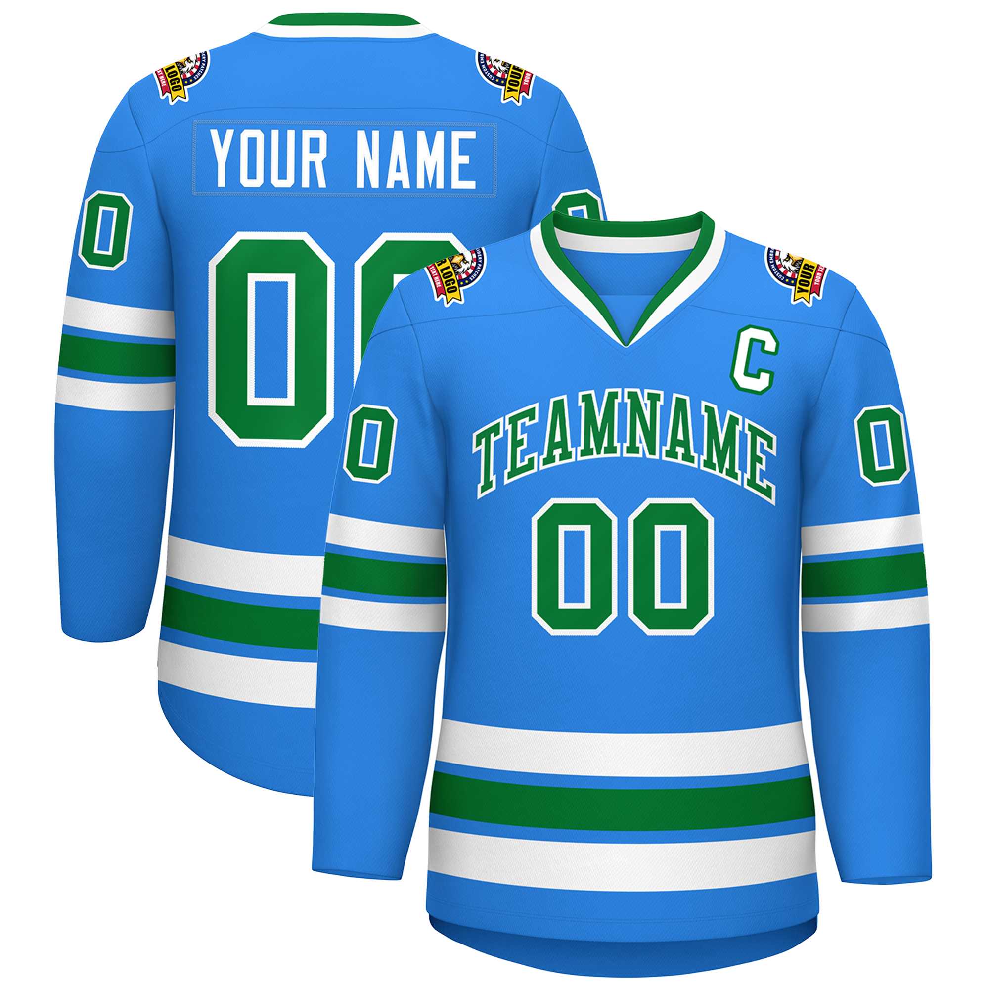 Custom Powder Blue Kelly Green-White Classic Style Hockey Jersey