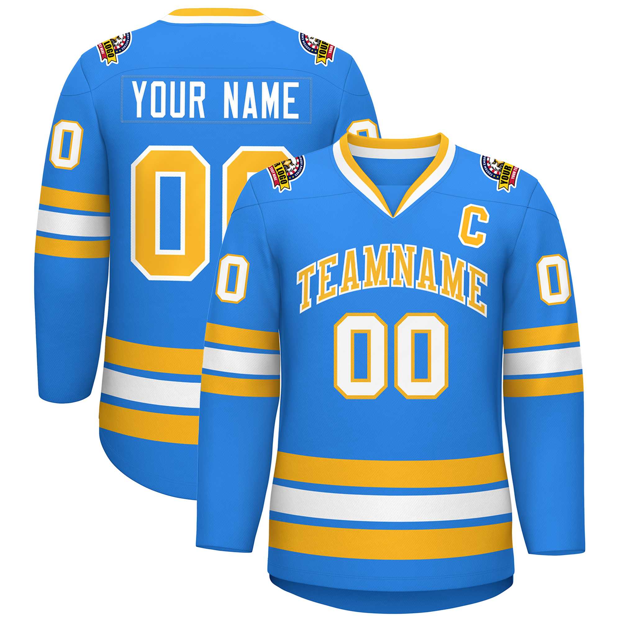 Custom Powder Blue Gold-White Classic Style Hockey Jersey