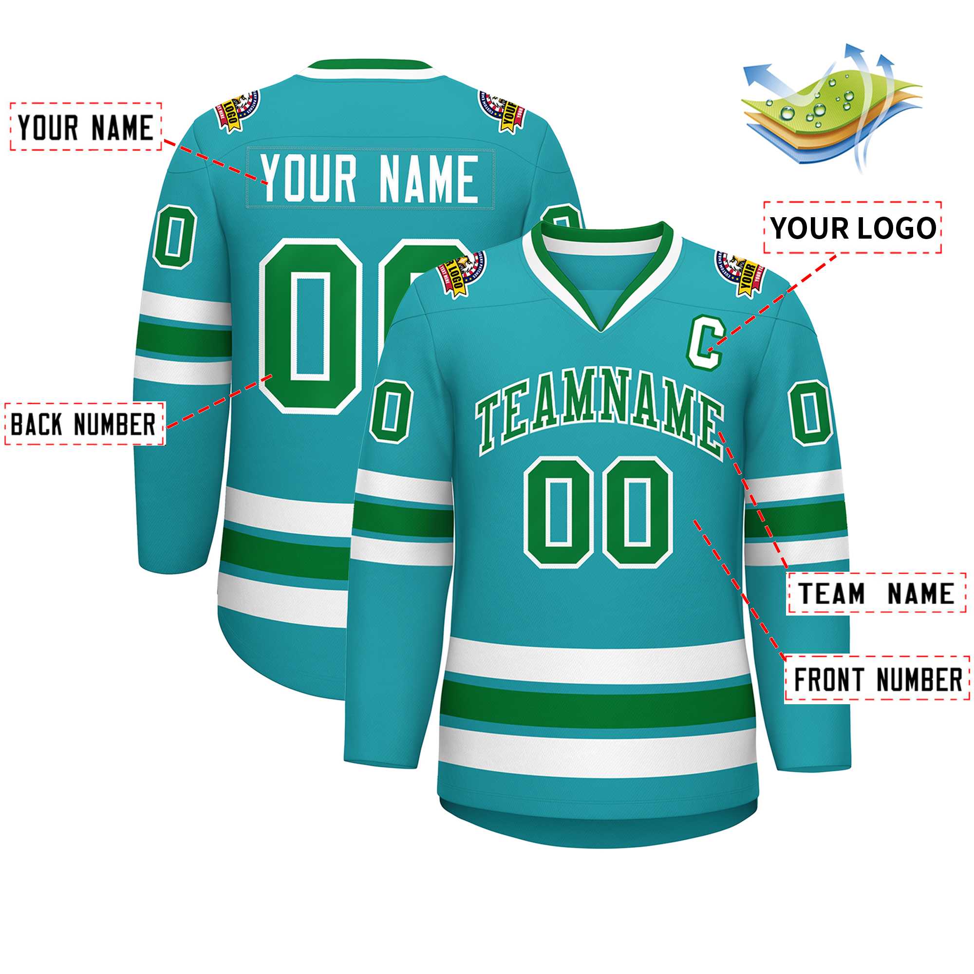 Custom Aqua Kelly Green-White Classic Style Hockey Jersey