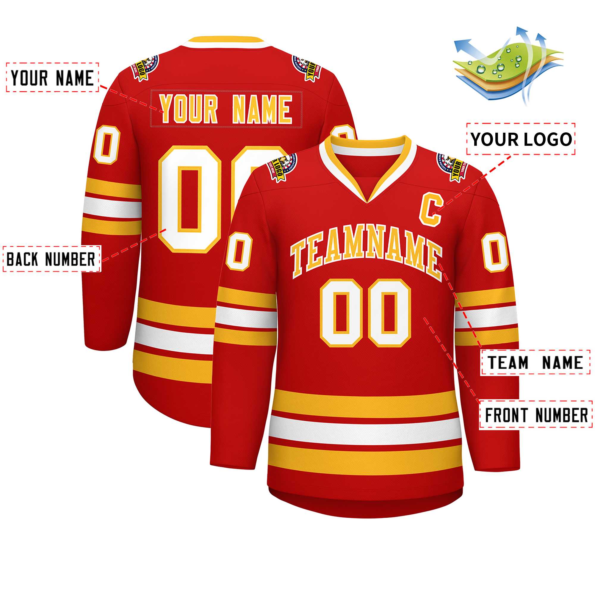 Custom Red Gold-White Classic Style Hockey Jersey