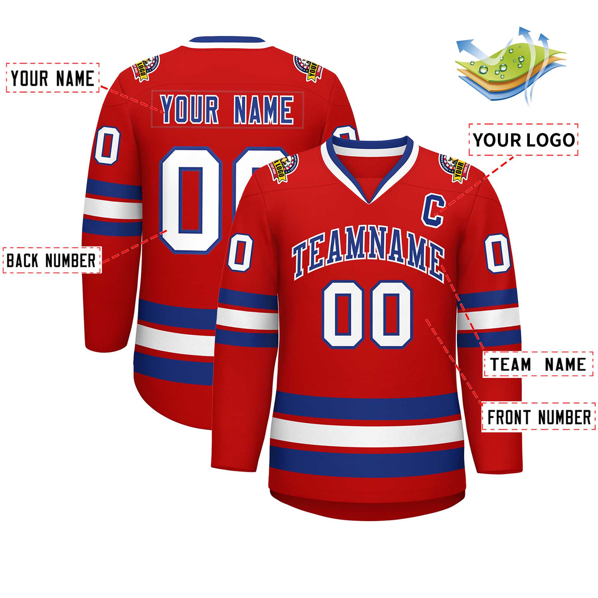 Maillot de hockey de style classique rouge royal-blanc personnalisé