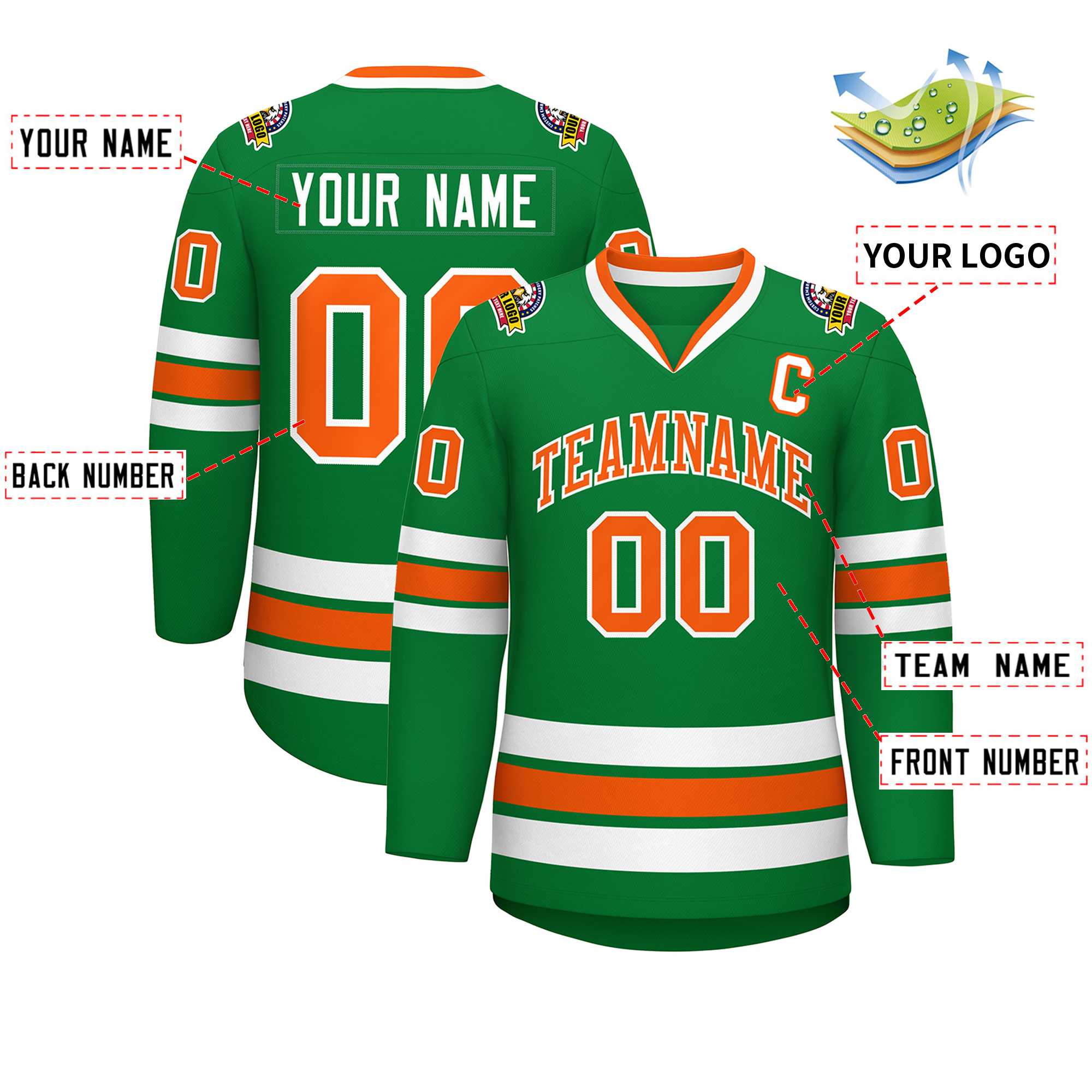 Custom Kelly Green Orange-White Classic Style Hockey Jersey