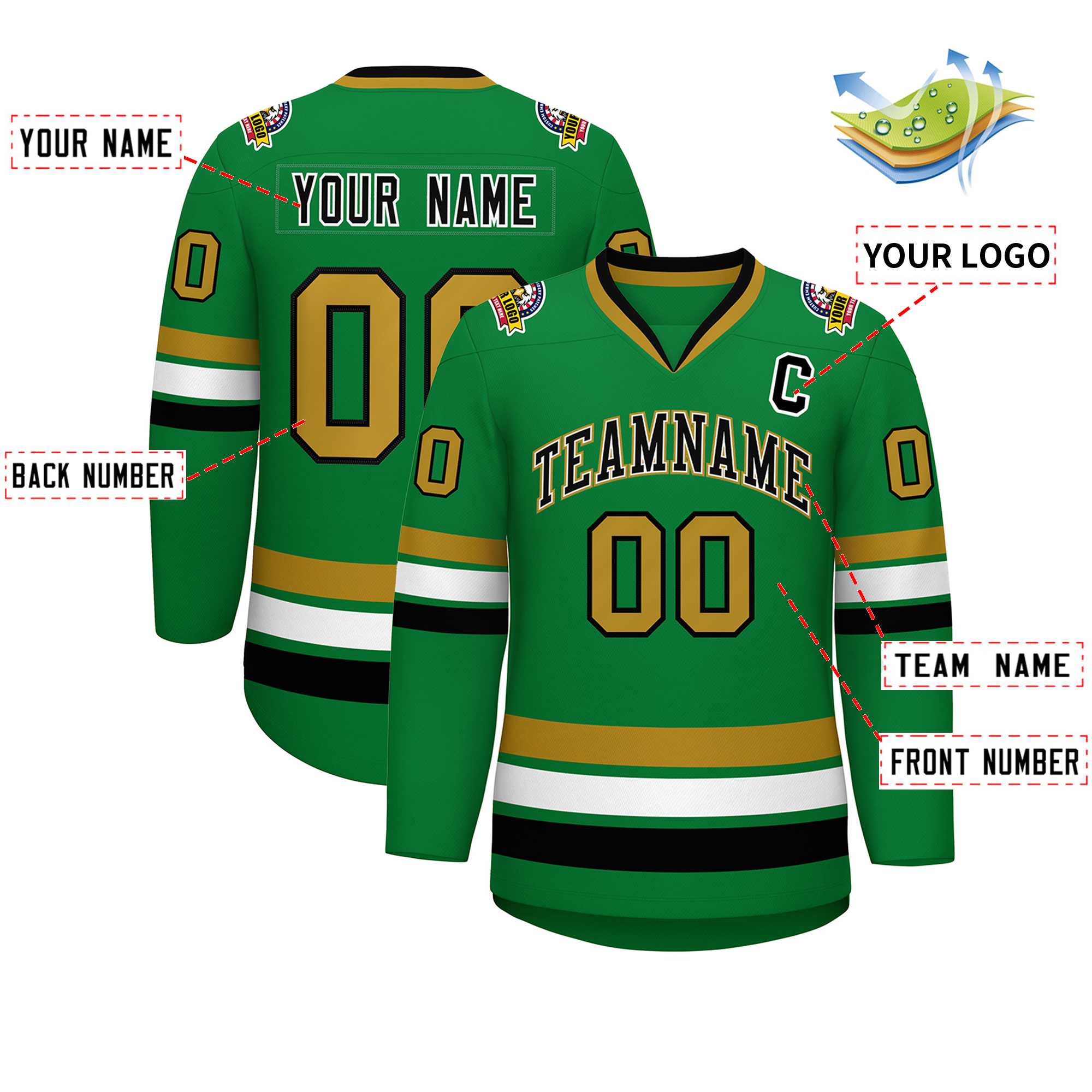 Custom Kelly Green Black White-Old Gold Classic Style Hockey Jersey