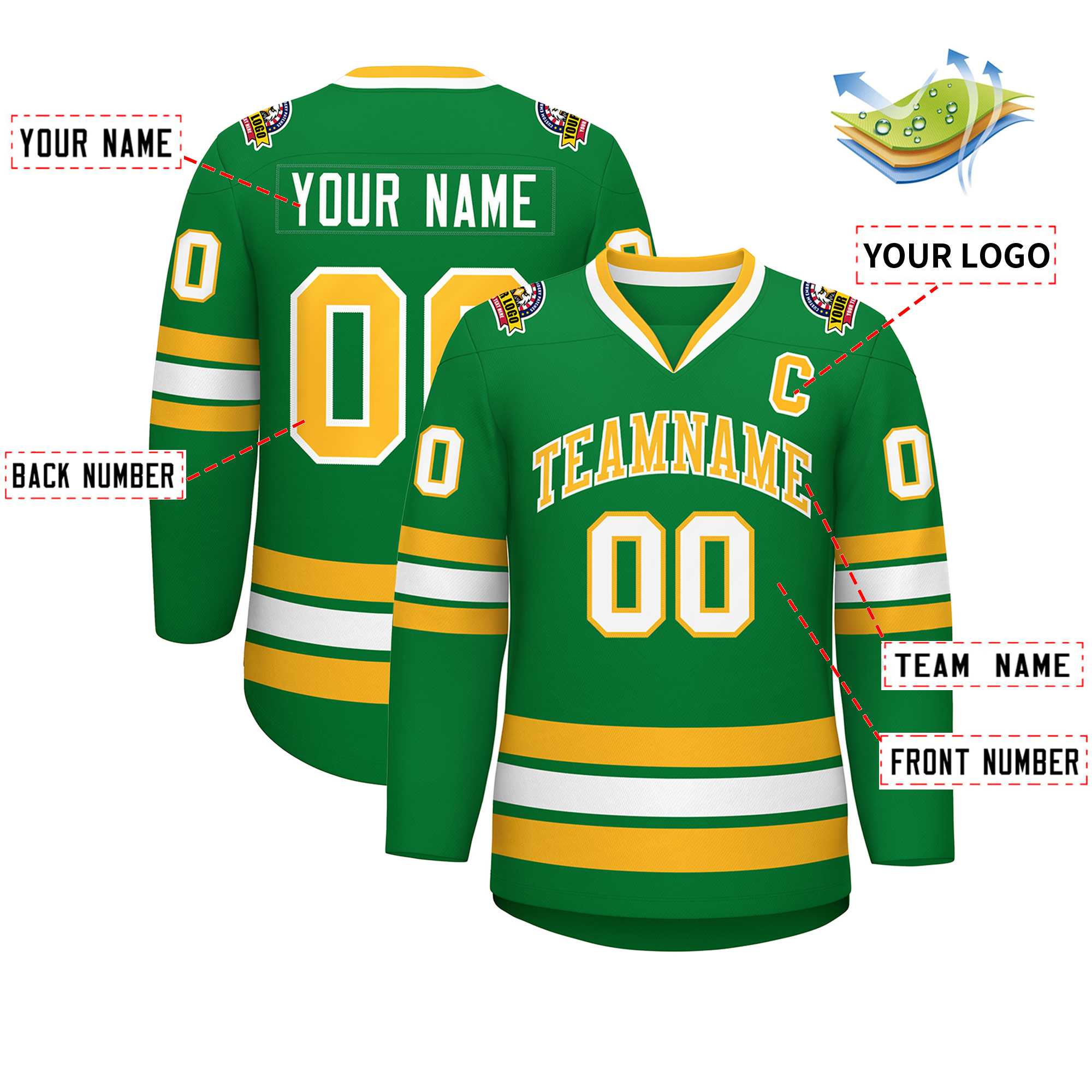 Maillot de hockey de style classique Kelly vert or-blanc personnalisé