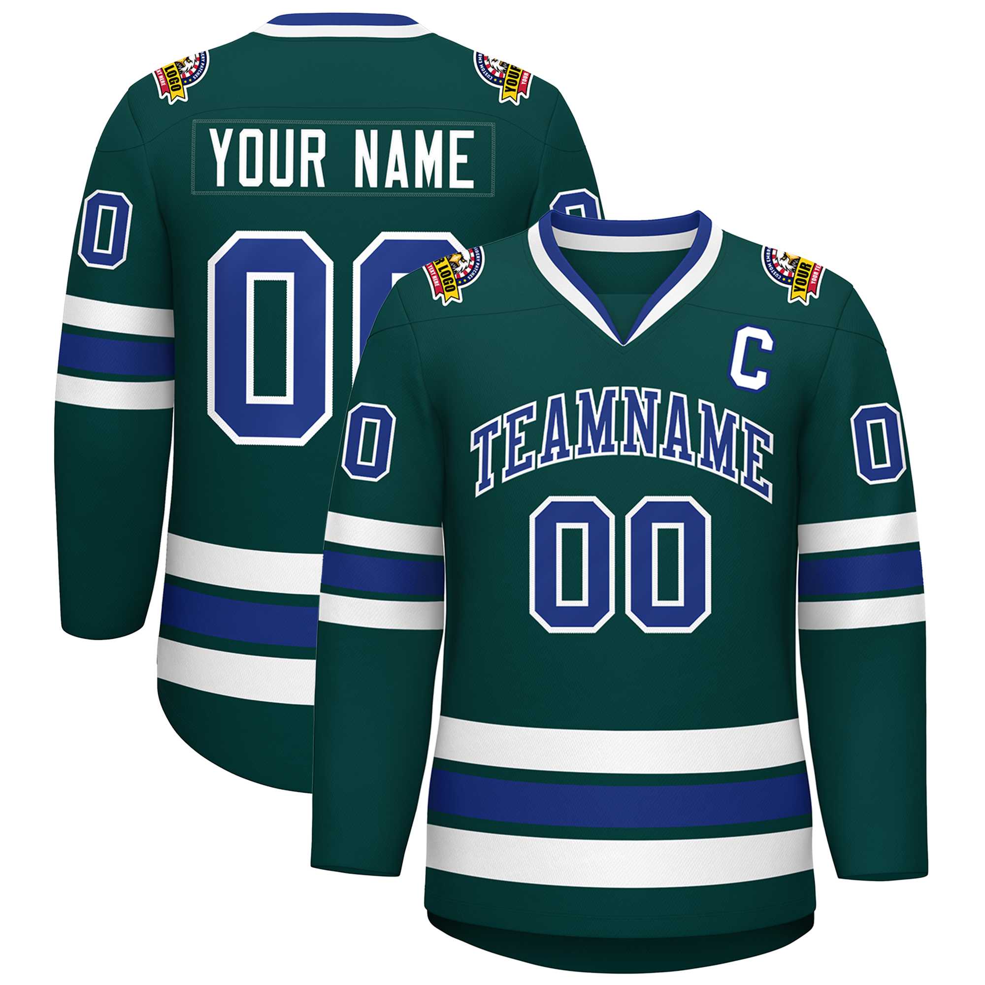 Maillot de hockey personnalisé de style classique, vert minuit, royal-blanc