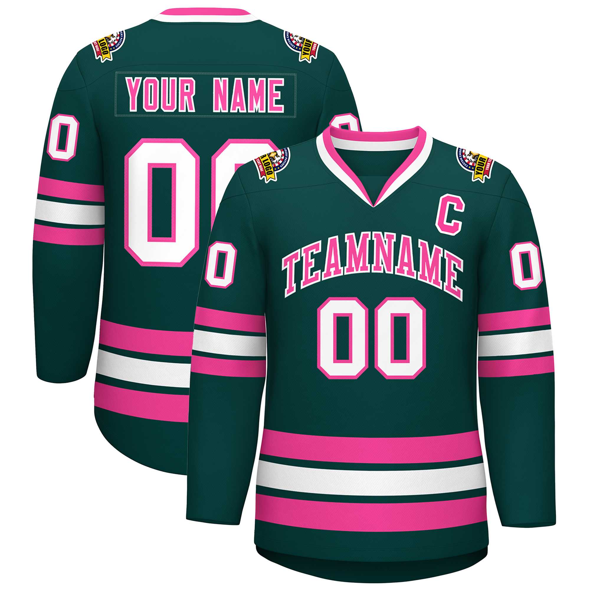 Custom Midnight Green Pink-White Classic Style Hockey Jersey