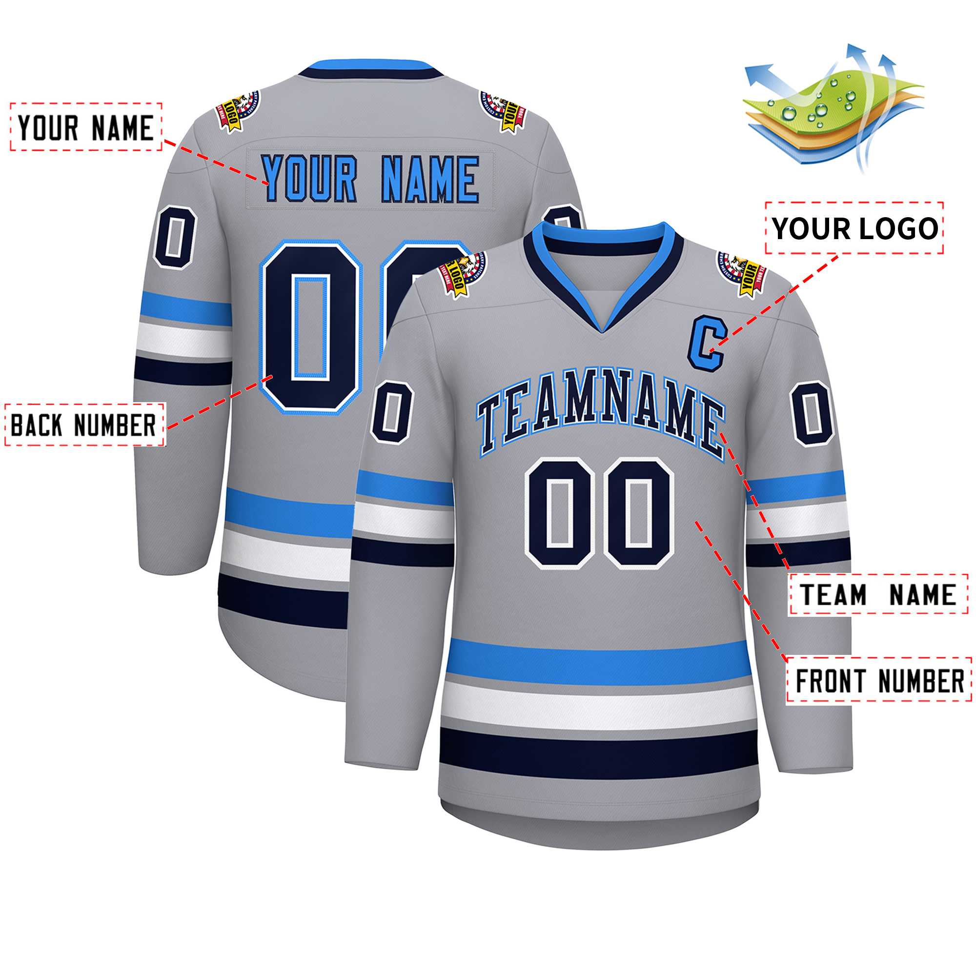 Maillot de hockey personnalisé gris marine blanc-bleu poudre, style classique