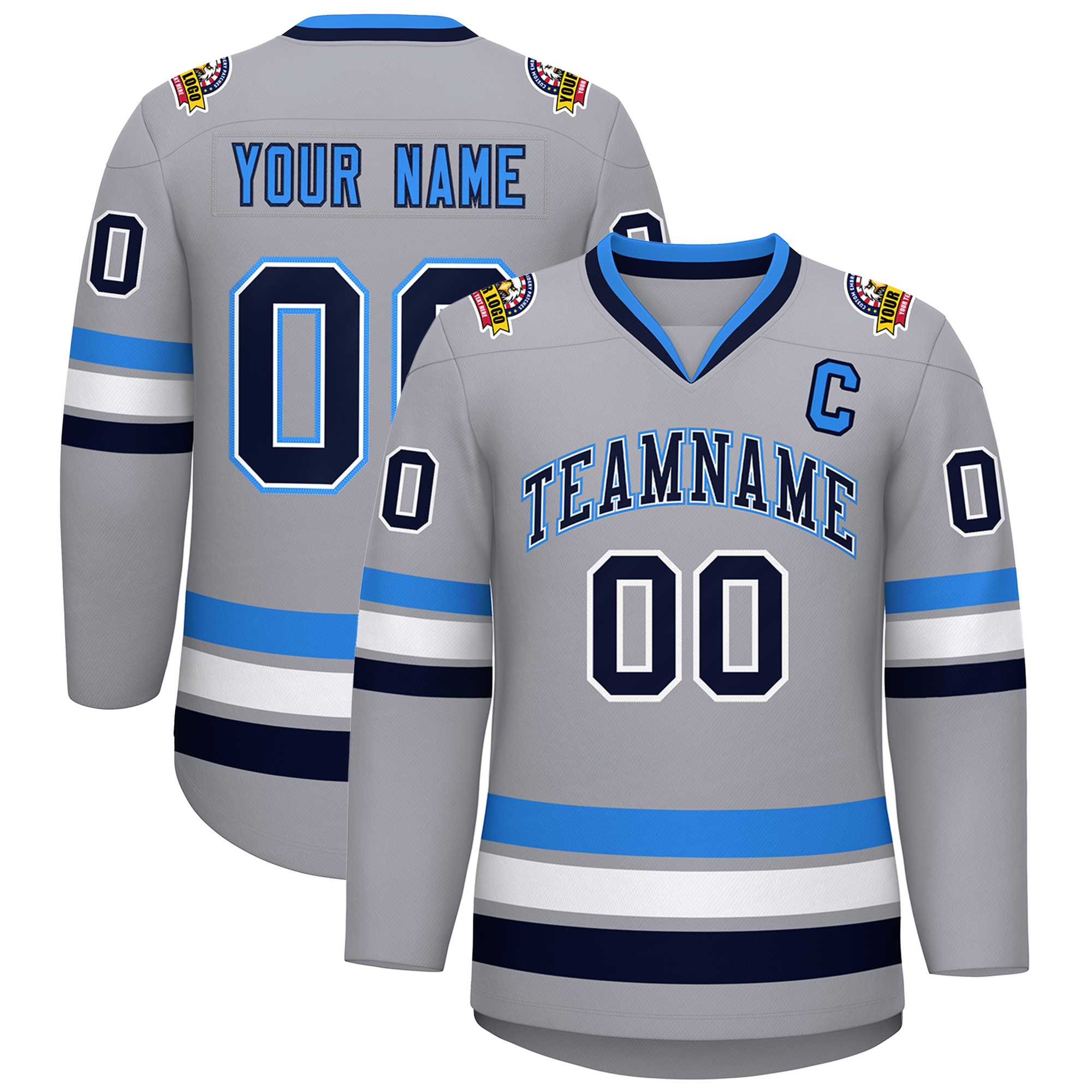 Maillot de hockey personnalisé gris marine blanc-bleu poudre, style classique